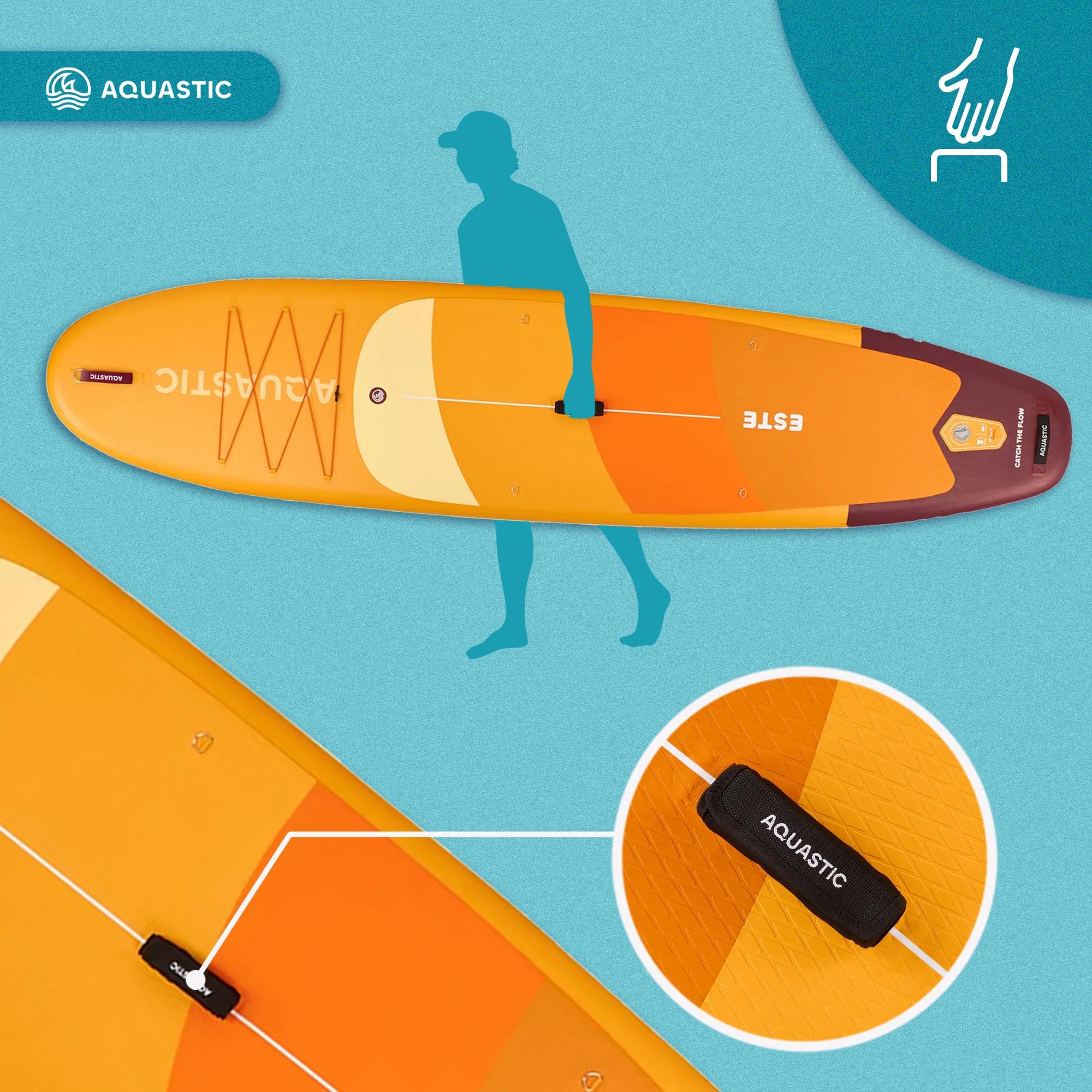AQUASTIC Este zestaw SUP Board 12'0" – Drop Stitch Lite, 390 l, 170 kg, montaż na siedzeniu, lekka i stabilna, funkcja kajaka, EVA, 3 uchwyty, kompletny zestaw z wiosłem, pompą i plecakiem