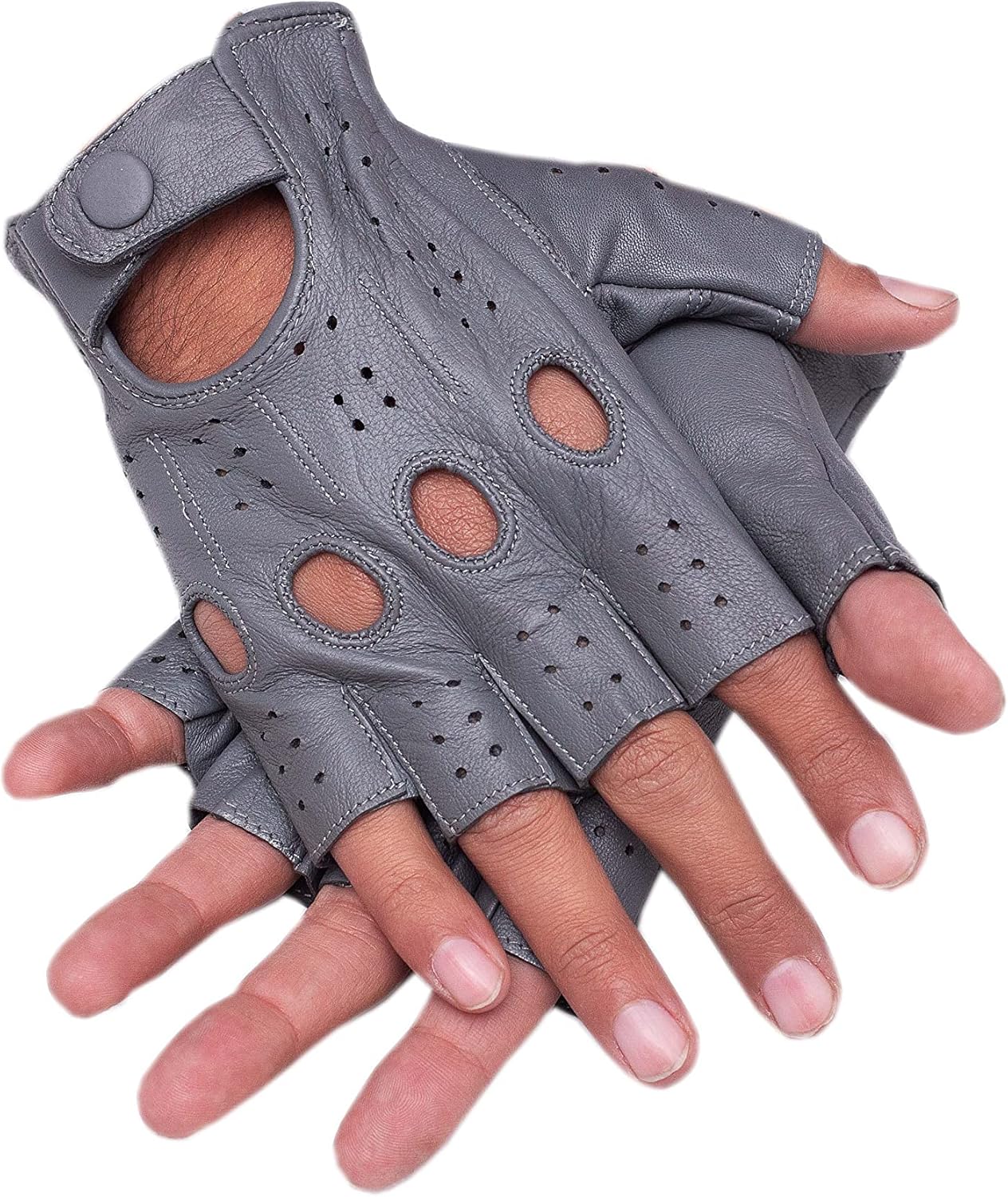 Driving Half Finger Finger Less Knuckle Holes For Men Genuine Leather (Large, Grey)