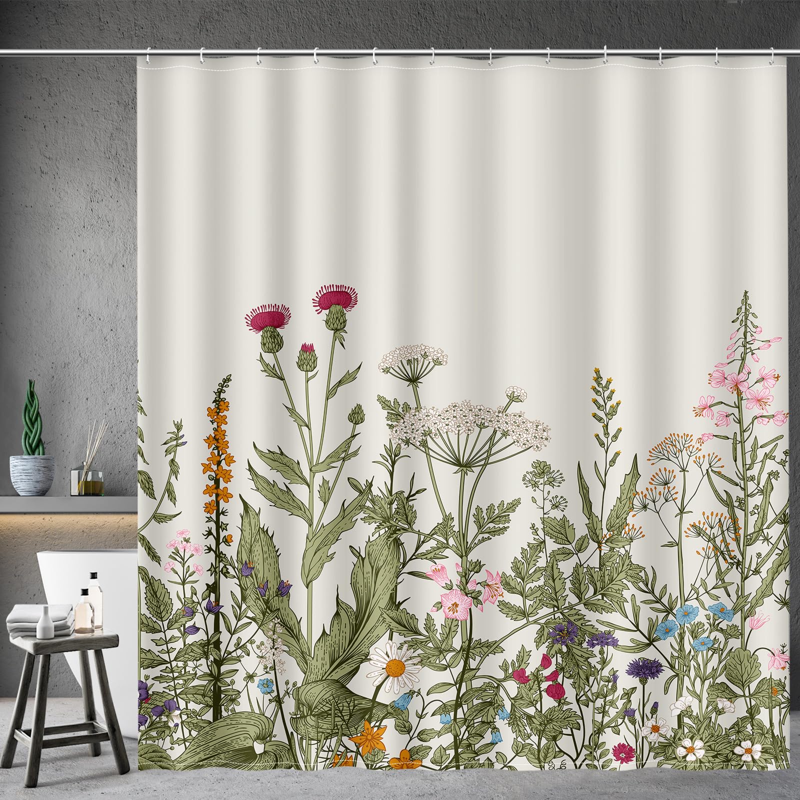 Aimego Spring Floral Shower Curtain- Sage Green Plant Leaves Wildflower Nature Botanical Flower Fabric Cloth Bath Shower Curtain Set with 12 Hooks for