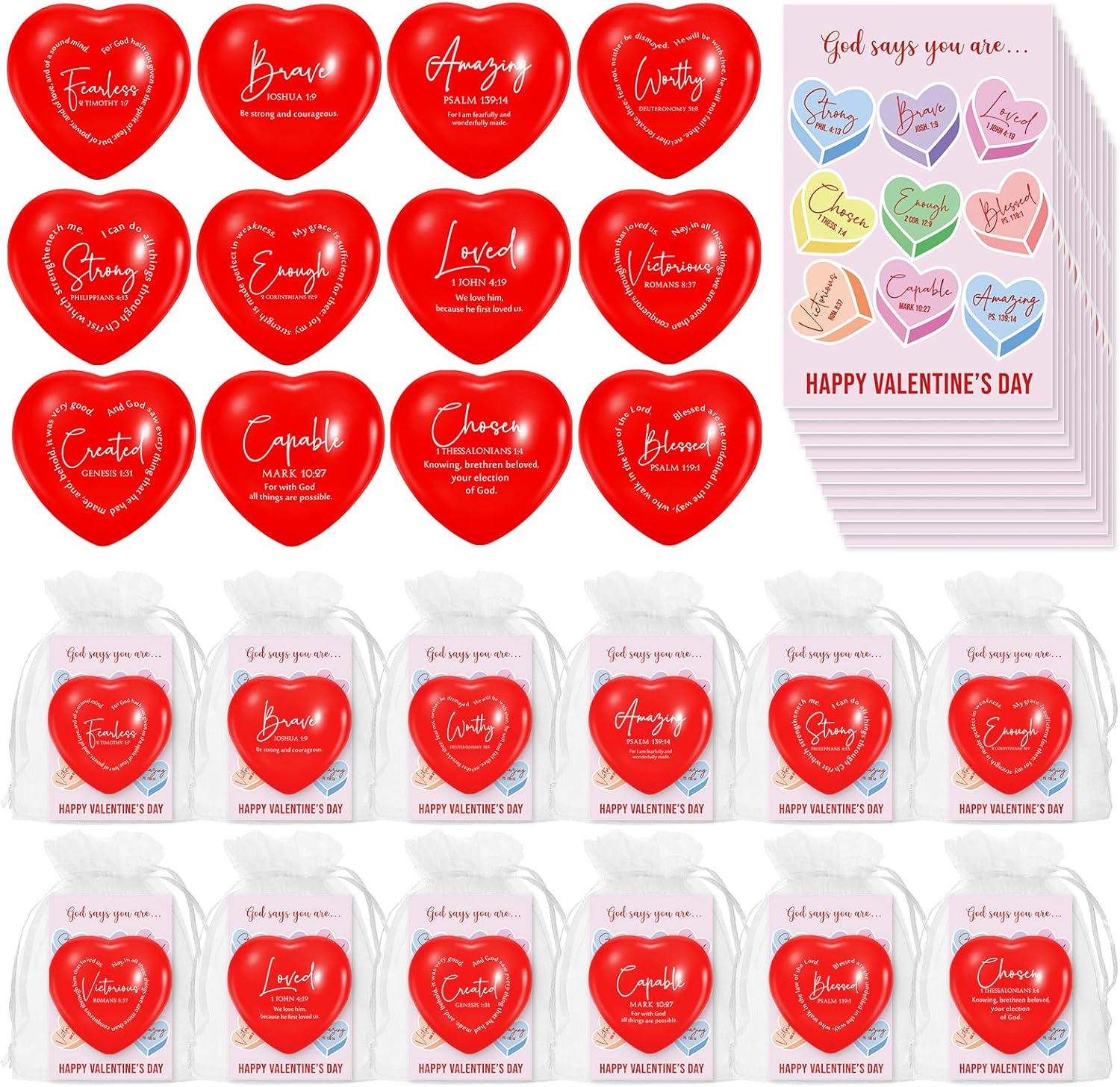 Meooeck 24 Sets 2.75 Inch Happy Easter Christian Day Heart Stress Balls Bulk with God Says Greeting Cards Motivational Stress Relief Balls for Religious Easter Coworker Exchange Gifts (Red)