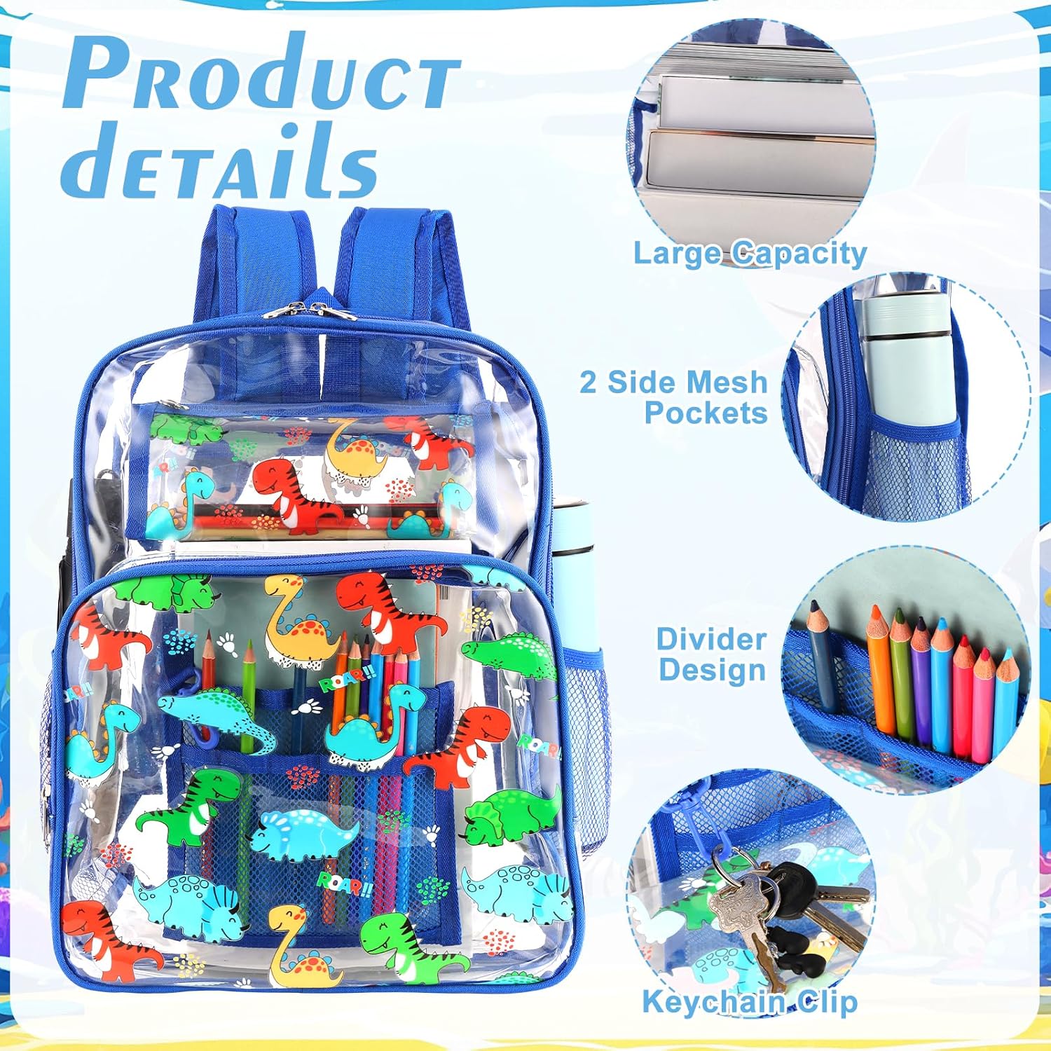 Kolewo4ever 3 Pieces Clear School Backpack Set Back to School Gift Blue Dinosaur Transparent Backpack with Lunch Bag and Pencil Pouch for Girl Boy Kid Heavy Duty Bookbags Middle School Travel Pack - Image 3