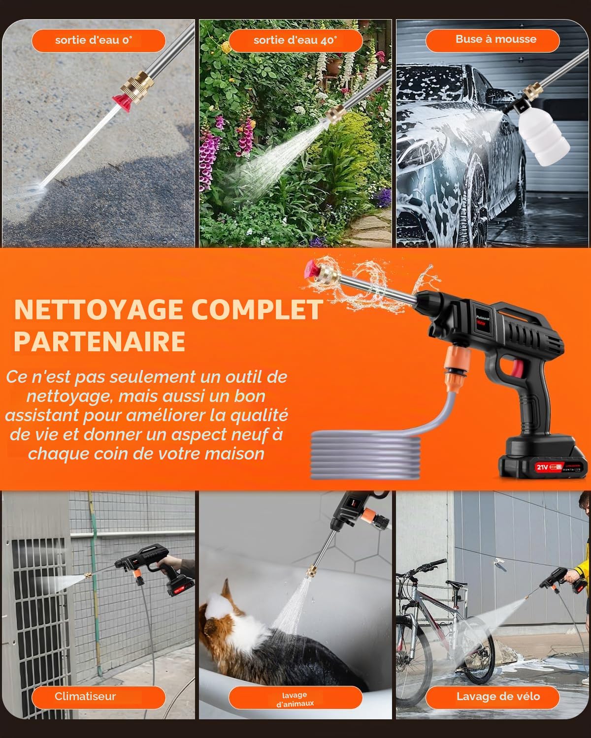 Sararoom 21V Nettoyeur Haute Pression sans Fil, 1500W 60Bar Nettoyeur Haute Pression Portable avec 2.0Ah Batteries, 5m Tuyau, 2 Buses, Connecteur, Seau, Pot en Mousse pour Nettoyer Les Voitures Sol