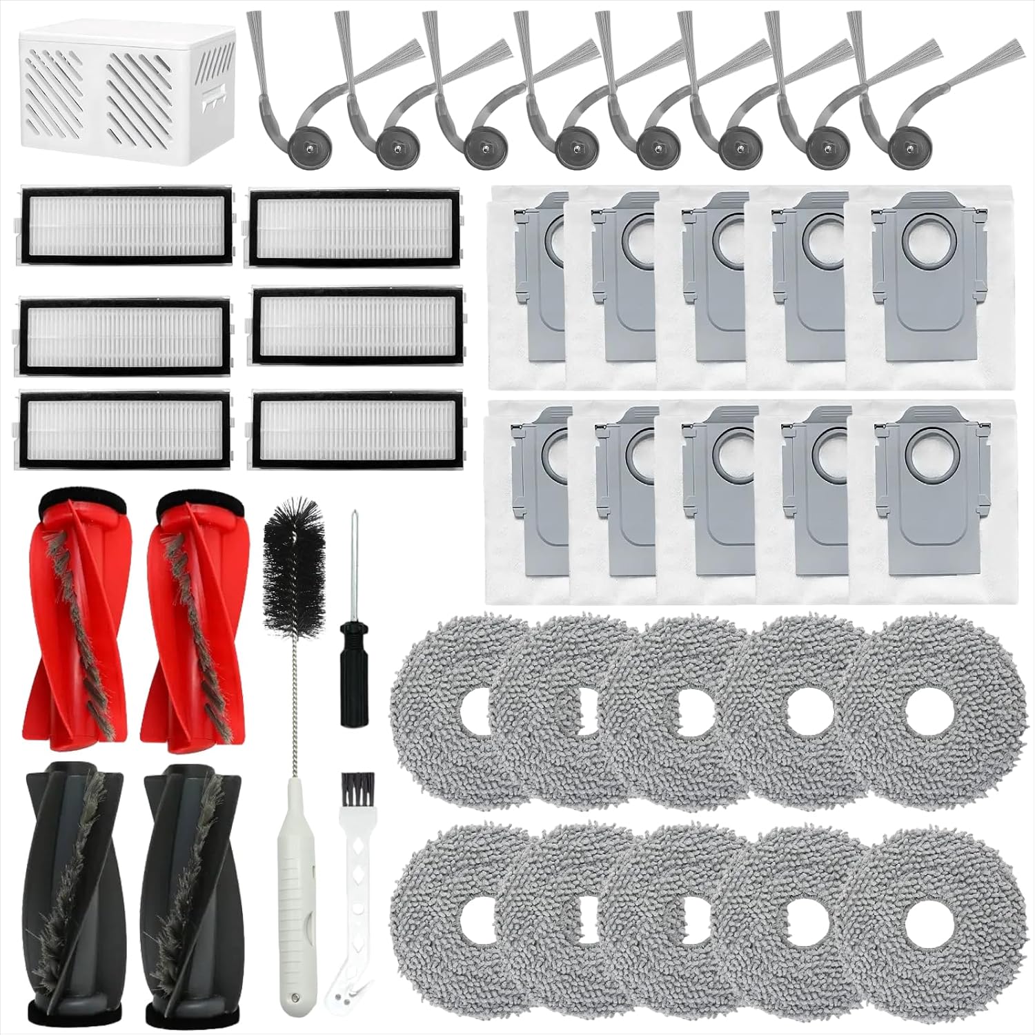 40 Pack Replacement Accessories for Roborock Qrevo Curv/Curv S5X/Edge/S5V Robot Vacuum Cleaner ,2 Pairs Mainbrush ,6 Filters ,10 Dust Bags,10 Mop Pads ,8 Side Brushes,2 Cleaning Brush,1 Screwdriver
