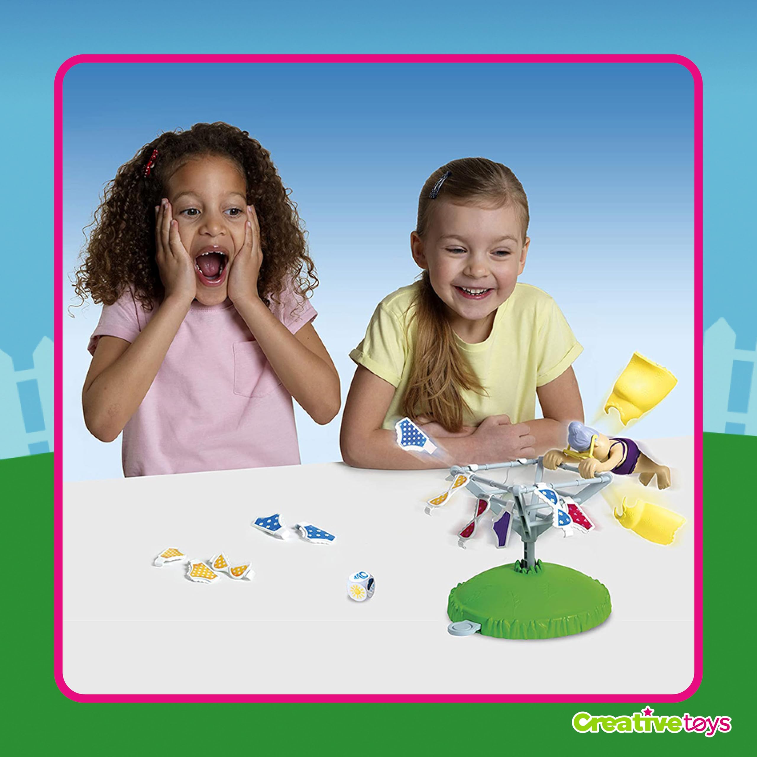Creative Toys Abuelita Voladora Juego de Mesa Familiar | Set de Habilidad y Reflejos con Tendedero Giratorio | Actividad Creativa con Dado para Fiestas en Casa | 2 a 4 Jugadores