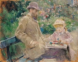 WALLKiART Vintage Canvas Prints Modern Picture Abstract Picture Eugene Manet with His Daughter At Bougival by Berthe Morisot Prints Painting for Home Decor 60x90cm