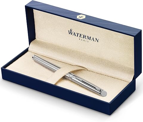Waterman Hemisphere Paslanmaz Çelik Krom Tasarımlı Dolma Kalem, Orta Kalınlıkta Uç, Mavi Mürekkep