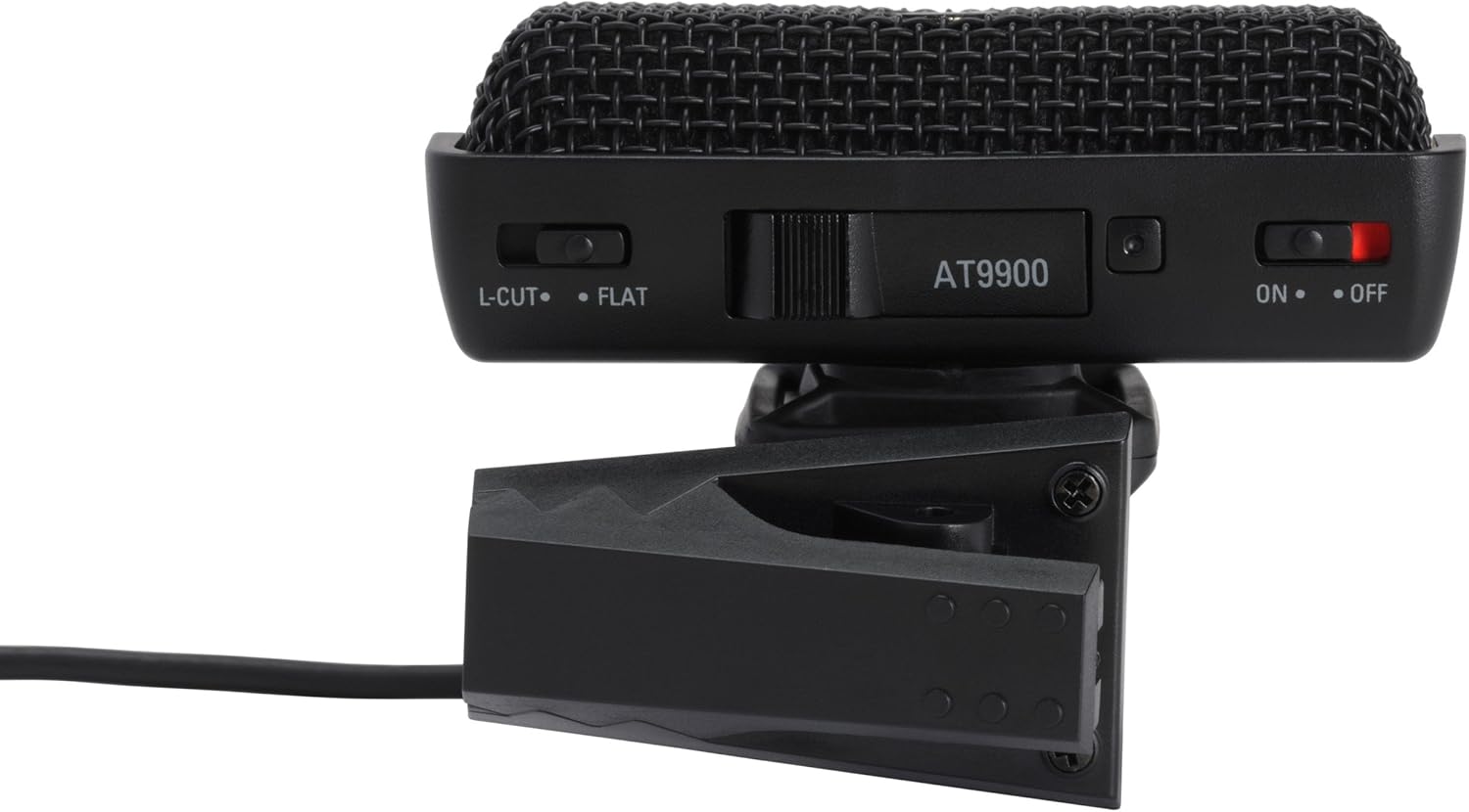 Врх view of Audio-Technica AT9900 microphone showing L-CUT/FLAT and ON/OFF switches