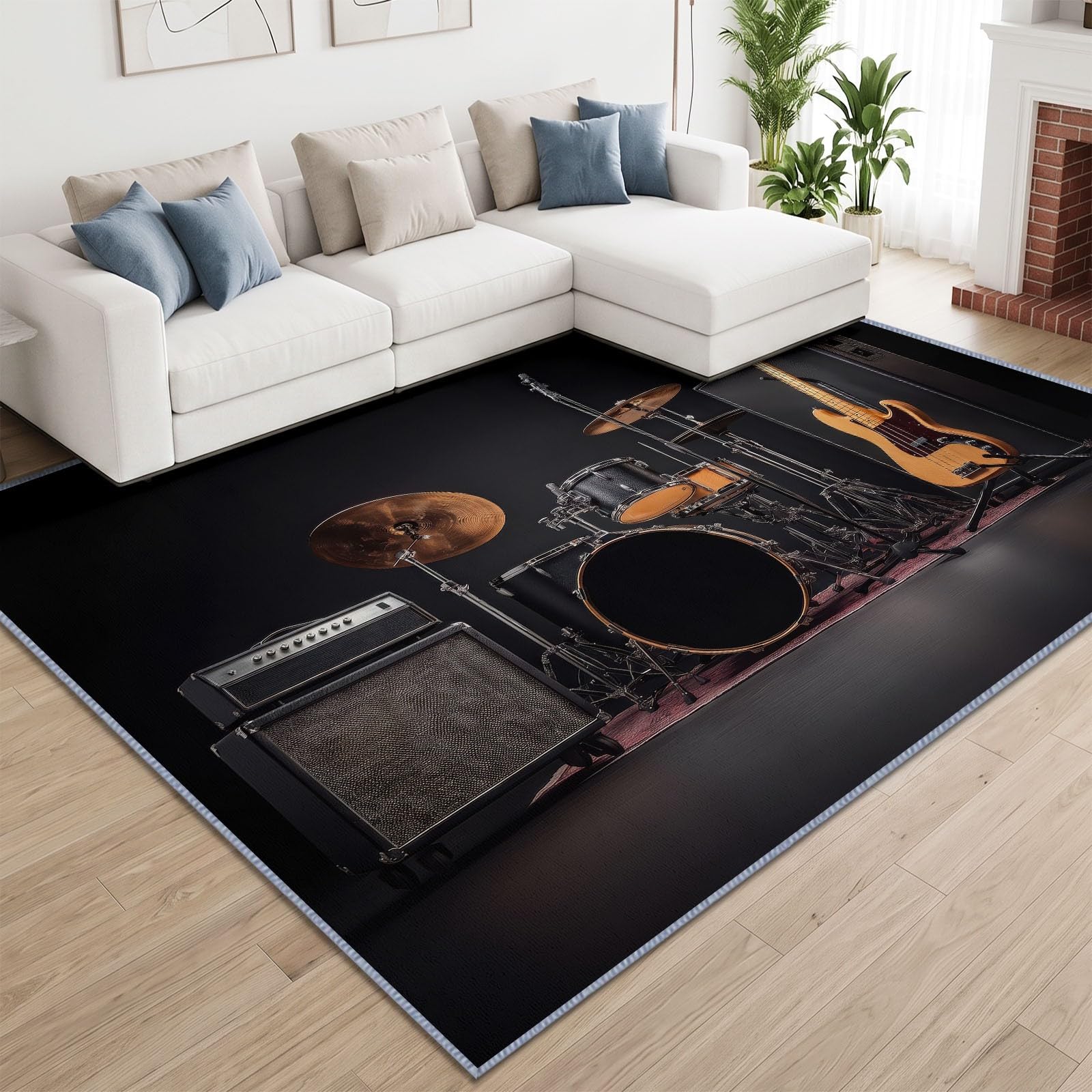 Générique Batterie, Basse Tapis de Salon Lavable 160x230 cm，Lavable Noir, Musique - Antidérapant et Lavable en Machine - Poils Courts - Douce - pour Salon, Chambre ou Bureau