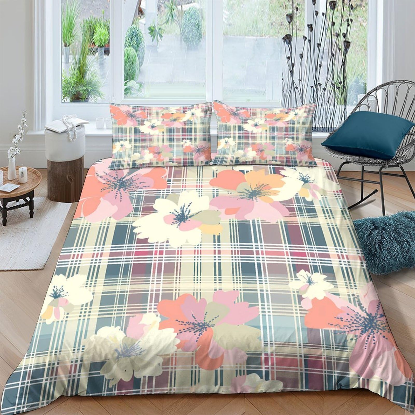 Housse de couette fleurs et carreaux 140x200 en microfibre pour lit simple