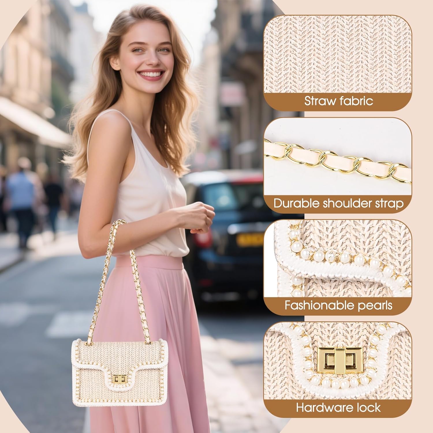 Straw Crossbody Bags for Women Summer Pearl Straw Clutch Purse Woven Shoulder Bag Vacation Handbags - Image 3