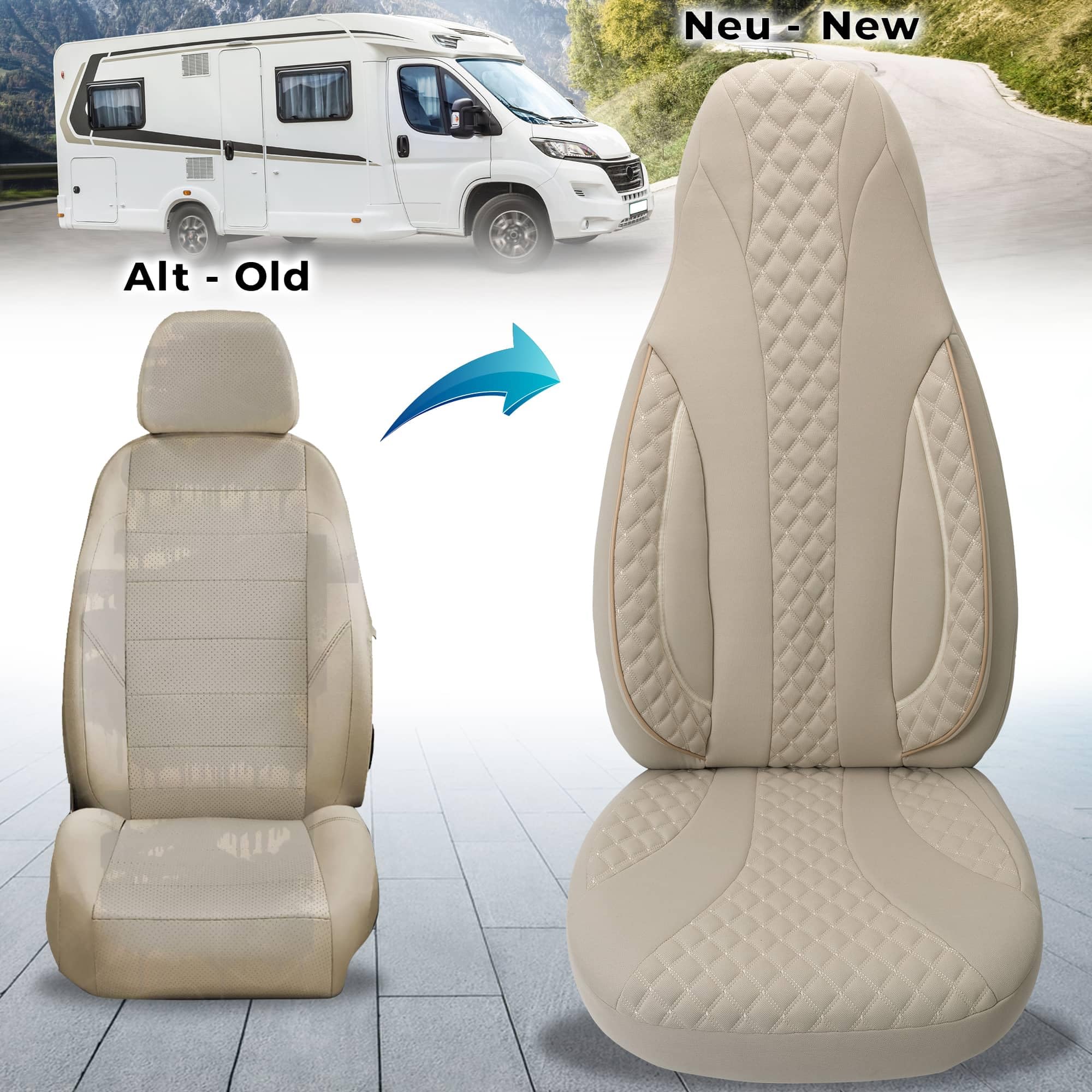 Bremer SITZBEZÜGE Fundas de Asiento Personalizadas para Asientos de piloto, Juego de Conductor y Pasajero, compatibles con Fiat Ducato, Pössl, Knaus, Adria, Carthago, Pilote Laika WPL405, Beige