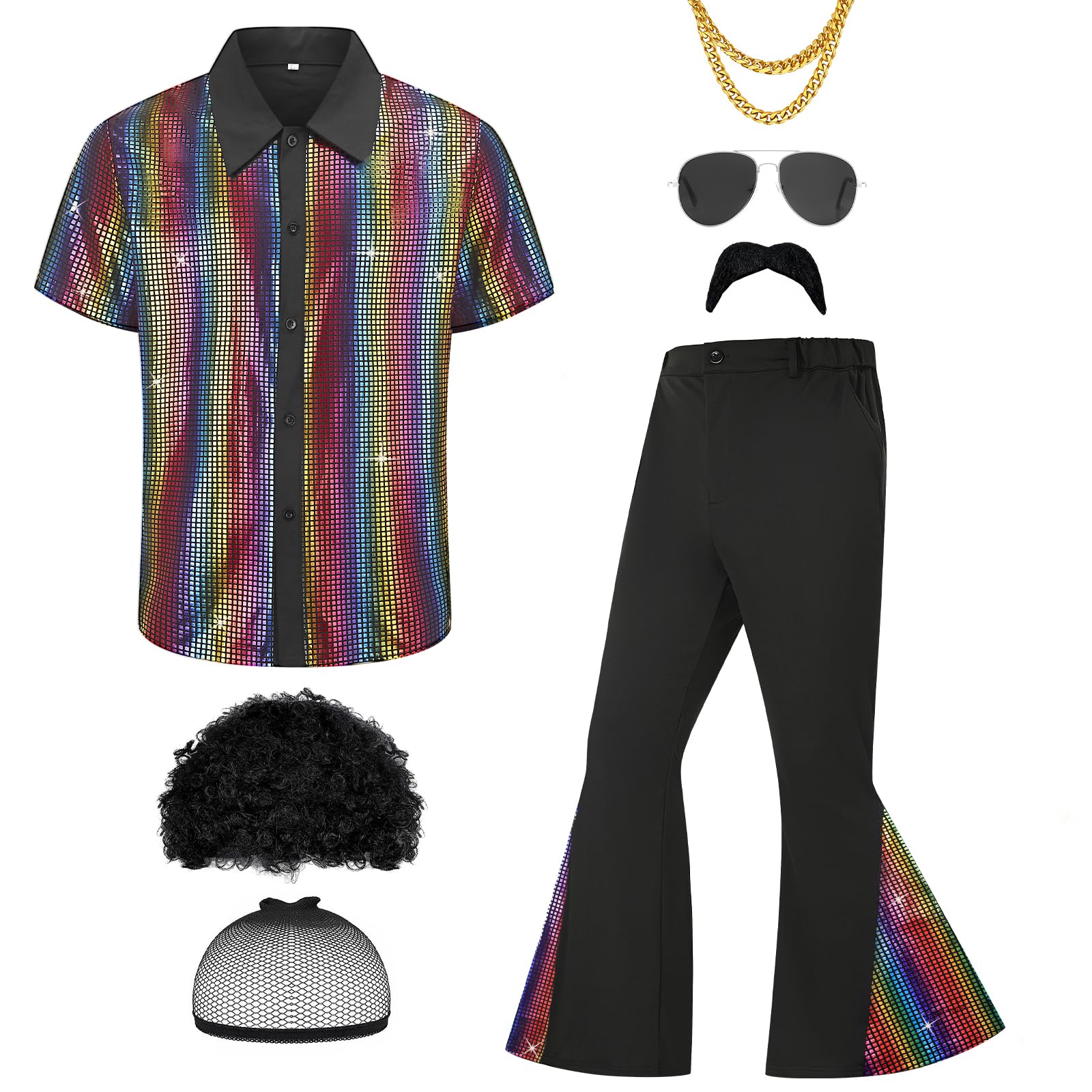 Ezuwail Herren 70er Jahre Disco Outfit Kostüm Kurzarmhemden Schlaghosen Perücken Halskette Schnurrbart Sonnenbrille 6Pcs