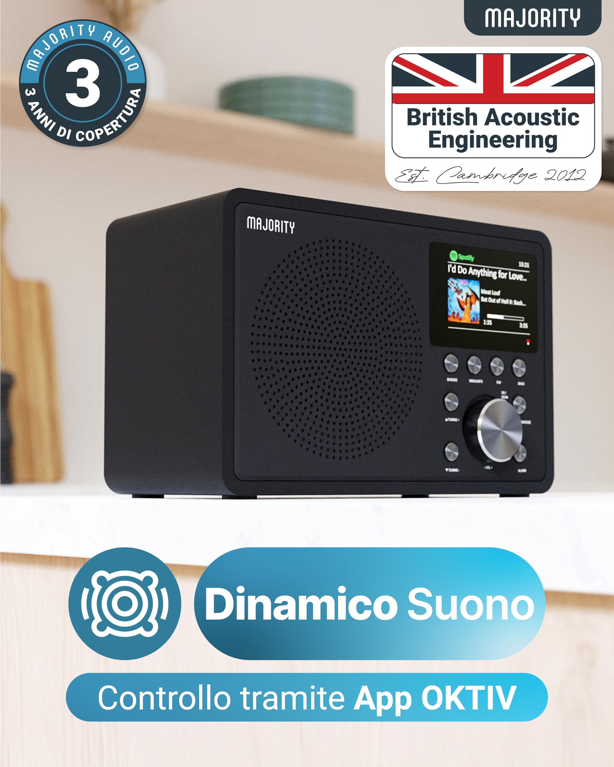 Majority Touro Radio Internet WiFi con DAB+, FM Digitale e Bluetooth | USB, App Oktiv, e Spotify Connect | Sveglia Doppia, Display LCD | Radio da Cucina e Casa con Audio Stereo