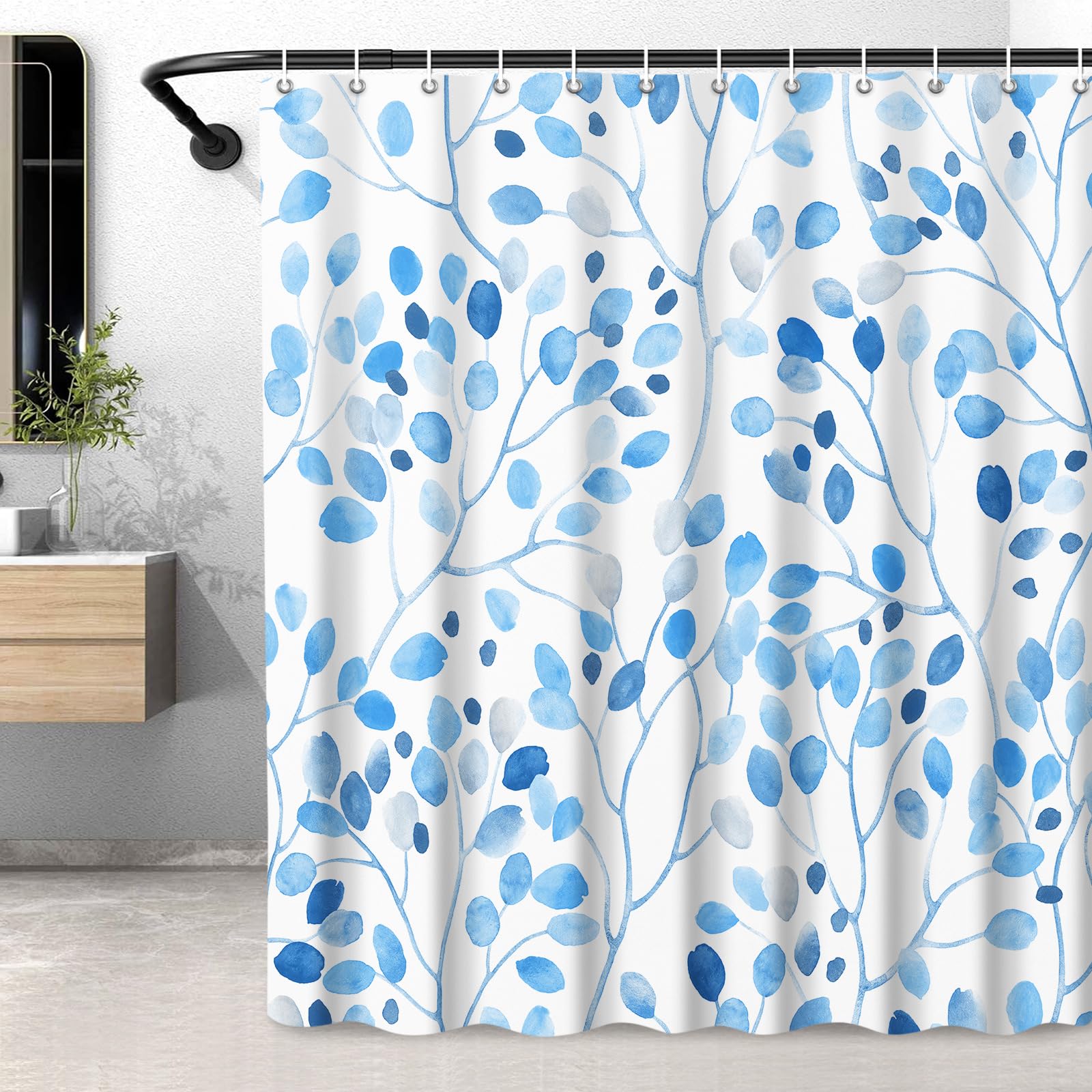 LXBNI Blue Boho Shower Curtain for Bathroom, Cloth Shower Curtain, Weighted Hem Shower Curtain, Colorful Floral Leaves Shower Curtain with 12 White Plastic Hooks W 72 x H 72