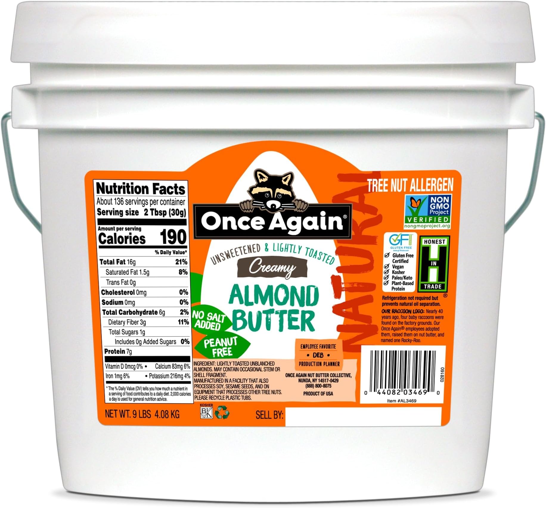 Once Again Creamy Natural Almond Butter No Sugar, Lightly Toasted - 9 Pound Bucket (Same as 9 Jars) of Single Ingredient Nut Butter, No Palm Oil, No Salt - Non-GMO, Gluten Free, Vegan