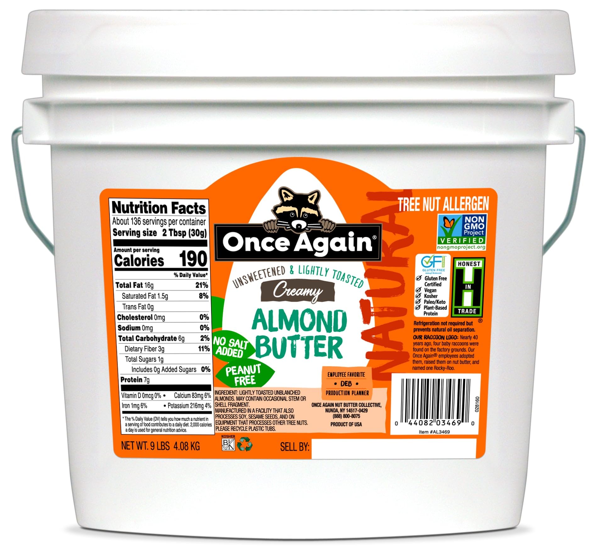Once Again Creamy Natural Almond Butter No Sugar, Lightly Toasted - 9 Pound Bucket (Same as 9 Jars) of Single Ingredient Nut Butter, No Palm Oil, No Salt - Non-GMO, Gluten Free, Vegan