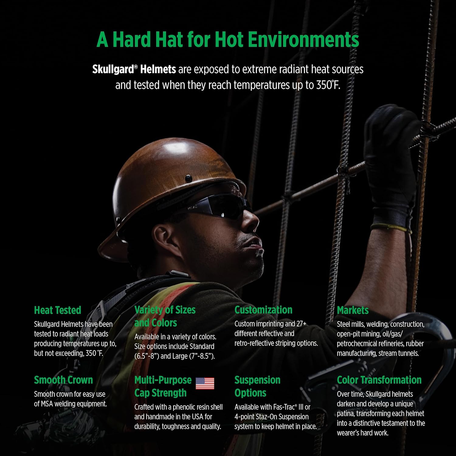 MSA 454672 Skullgard Full-Brim Hard Hat with Staz-on Pinlock Suspension | Non-slotted Cap, Made of Phenolic Resin, Radiant Heat Loads up to 350F - Standard Size in Brown