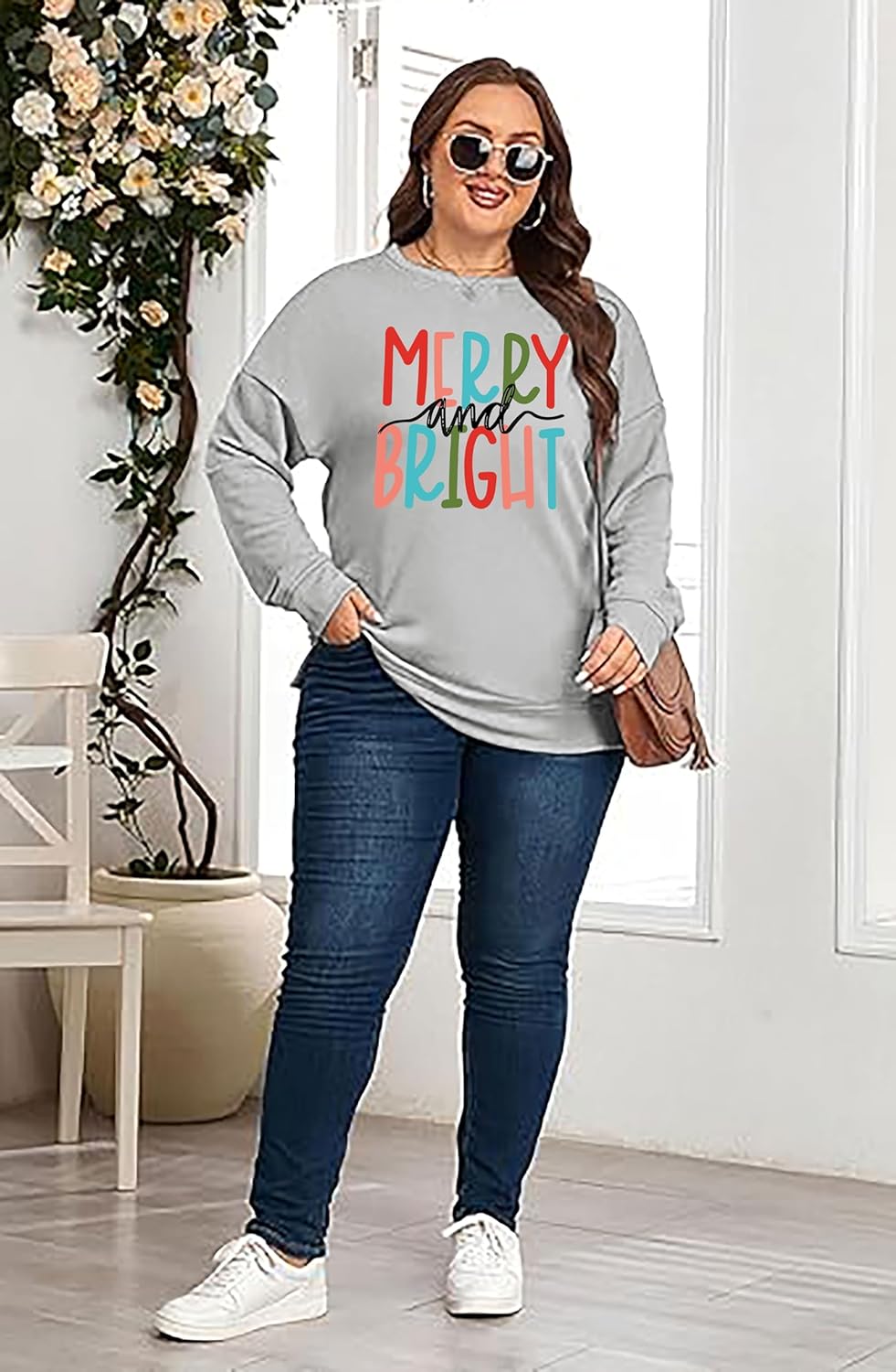 Women Plus Size Christmas Sweatshirt Merry and Bright Xmas Pullover Tops Merry Christmas Long Sleeve Holiday Tee Shirt - Image 3