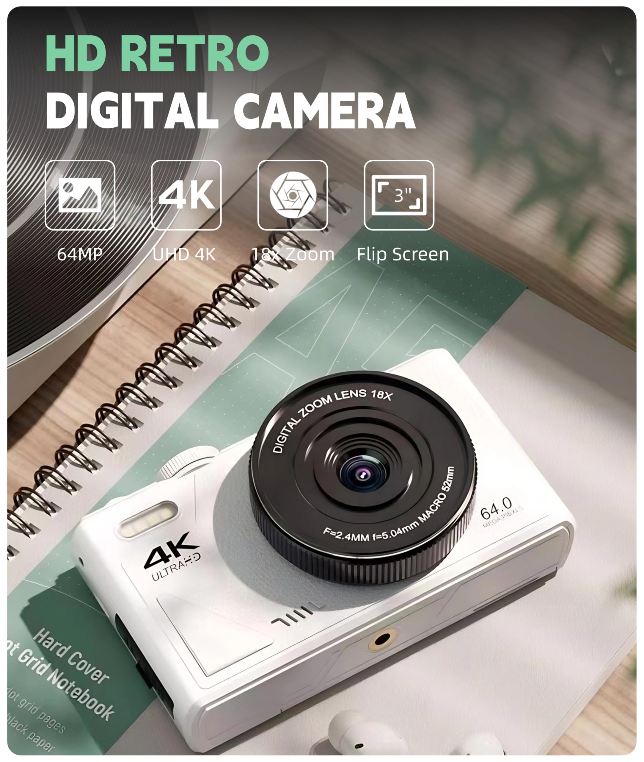 Cámara Digital con Pantalla LCD Abatible, Cámara UHD 4K 64MP, Cámara Digital de Apuntar y Disparar con Zoom 18X, Cámara Vlogging para Fotografía de Viajes Vlogging (Black)