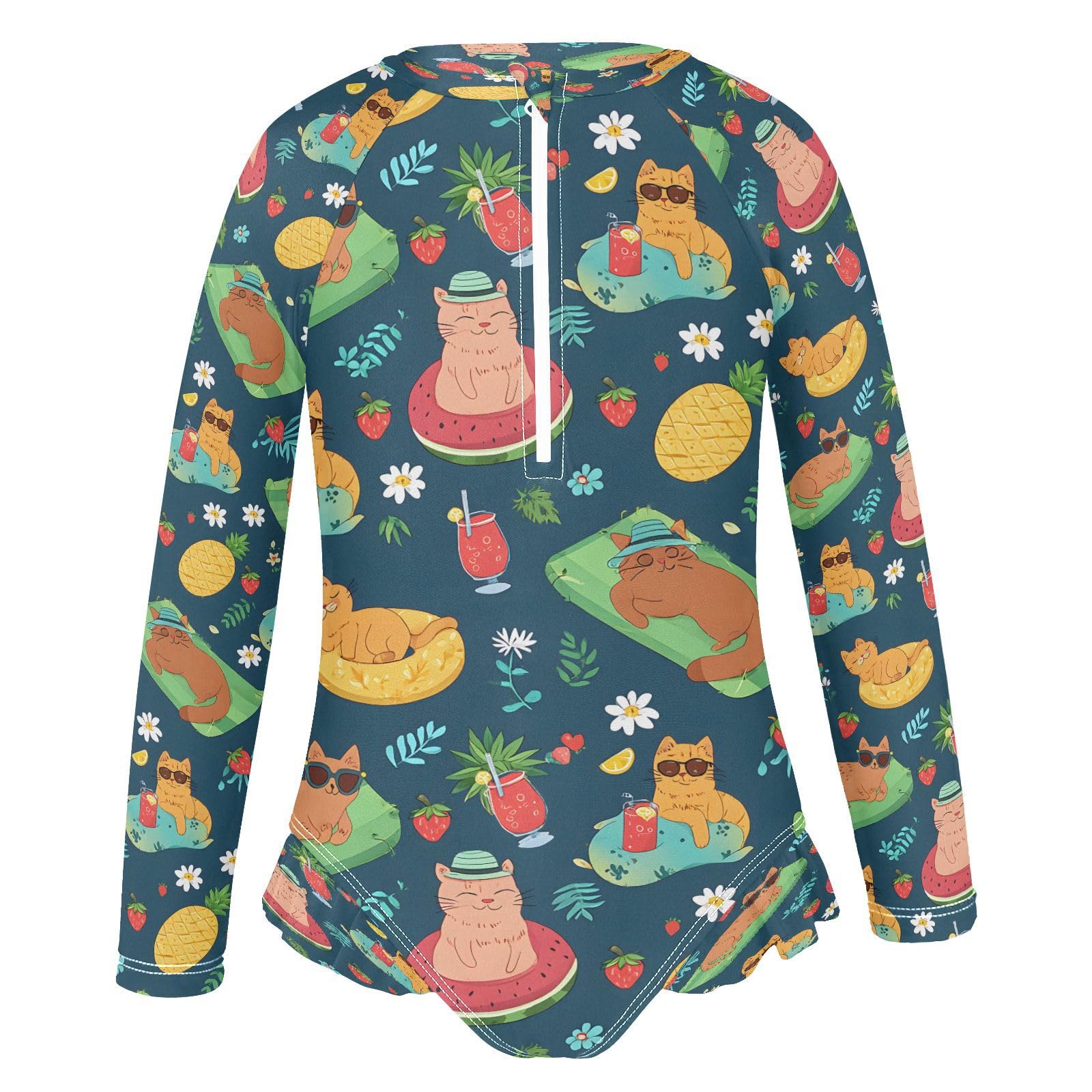 Summer Cat Vacation on Beach Girls Long Sleeve Swimsuits One Piece Zipper Bathing Suit UPF 50+ Rashguard Swimwear Multicoloured