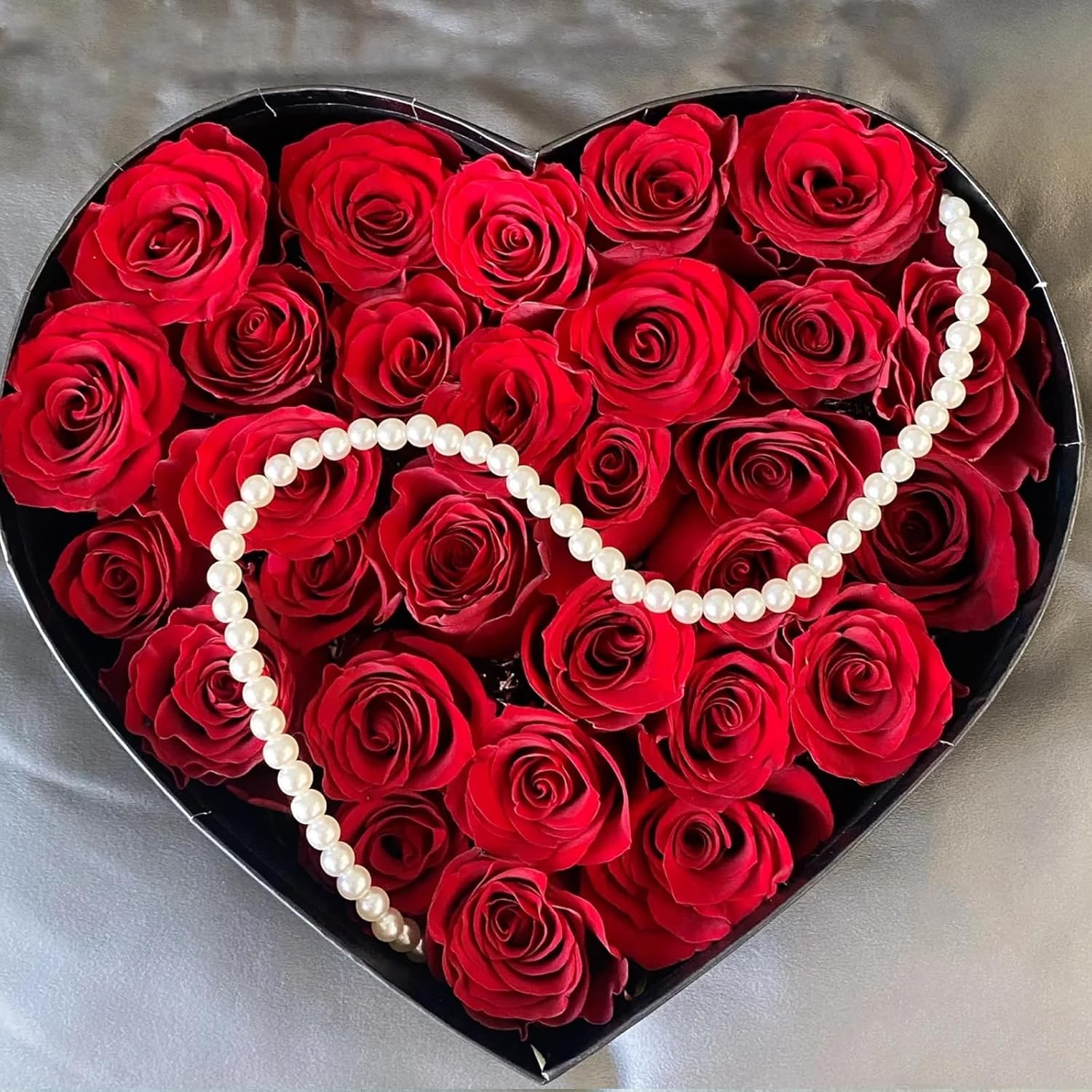 Preserved Rose Romantic Heart Box Forever Flower Grade A Preserved Rose Preserved Flower Beautiful Rose for Christmas Mother's Day and Valentine’s Day (Red Rose with Pearl String)
