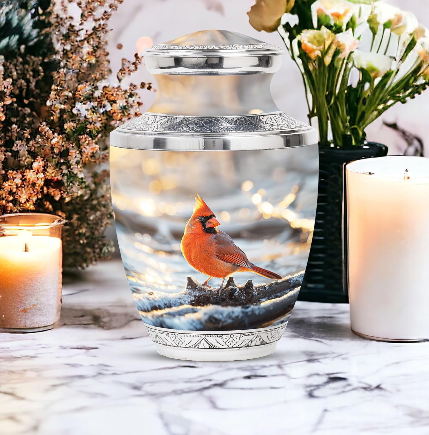 Cardinal Bird Urn Ashes, Pack of 3 (10 Inch Urn with 3 Inch Urn, Set of 2), Cremation Urns for Ashes, Gray Urn for Ashes, Cat Urns Urns for Human Ashes Adult Man, Urn for Ashes
