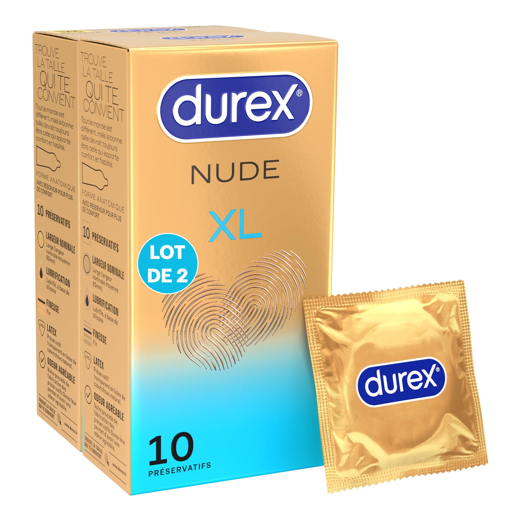 Préservatifs Durex NUDE XL - Lot De 16 - Extra Larges 60mm Pour Plus De Confort - Lubrifiés Avec Réservoir