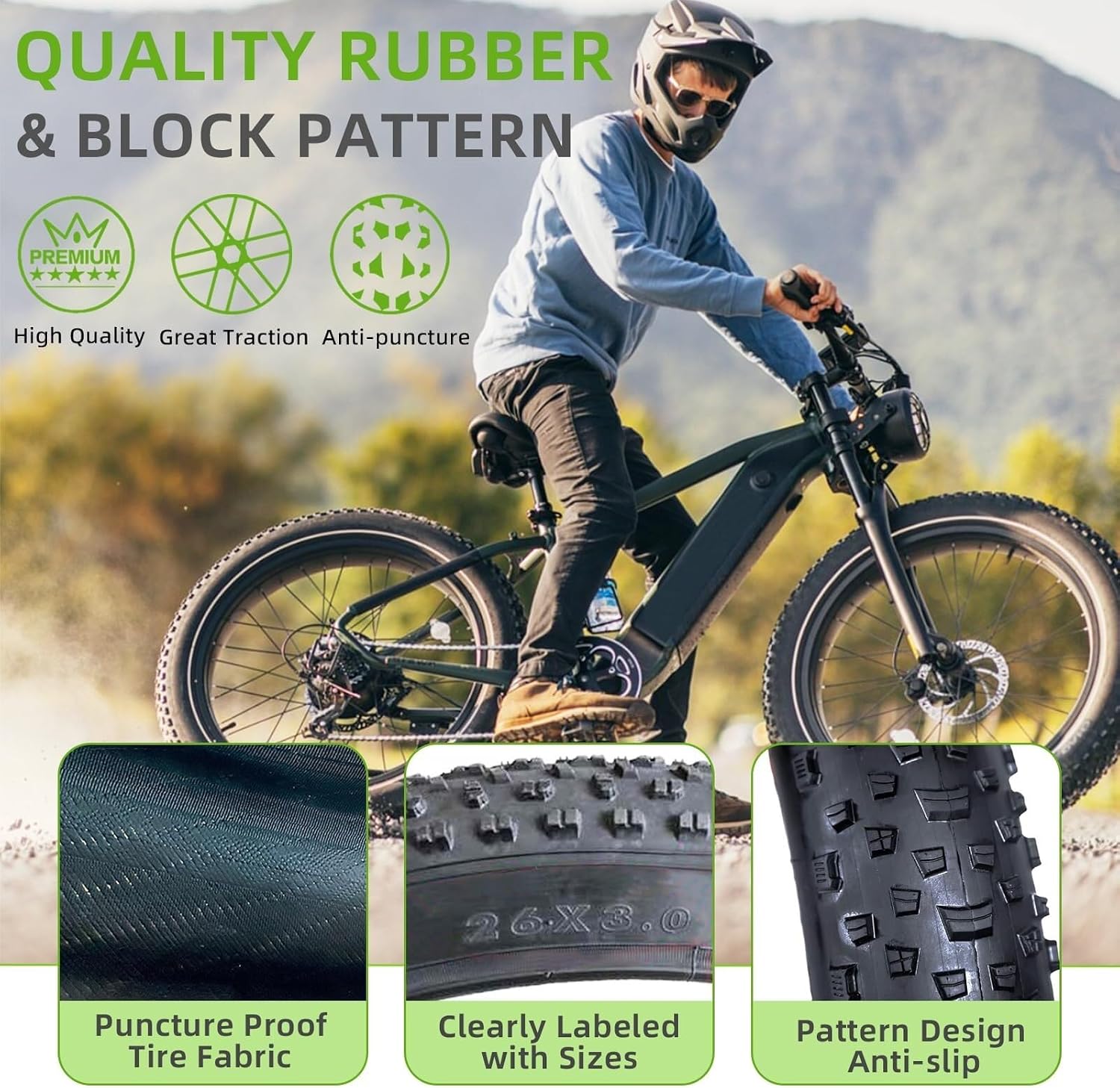 20x3.0/26x3.0 Inch Fat Bike Tire, Heavy Duty Puncture-Resistant All-Terrain Ebike Tires for Mountain, Snow, Off-Road, Tricycle Electric Bikes(26"x3.0")