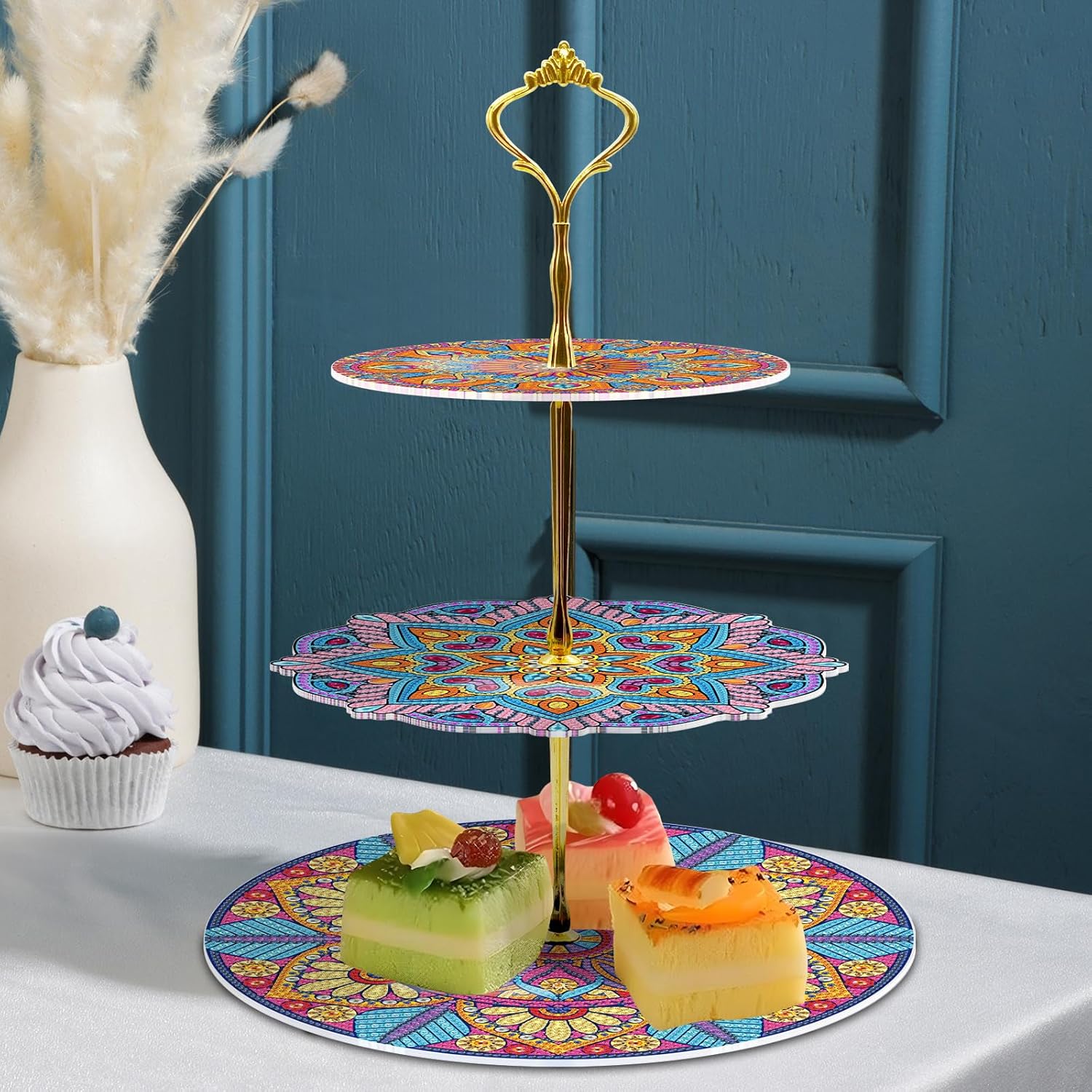 BAYUNOE Three-Layer Diamond Art Painting Cupcake Stand Dinner Snack Rack Display Tower DIY Diamond Dessert Stand Tiered Serving Tray for Afternoon Tea Party Wedding Birthday-Mandala03