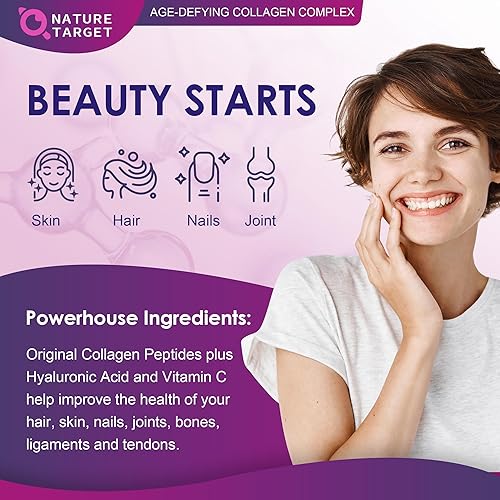 Miniatura 4 de NATURE TARGET Polvo de péptidos de colágeno múltiple - Tipo I, II, III, V, X - Péptidos de colágeno hidrolizados con vitamina C ácido hialurónico,