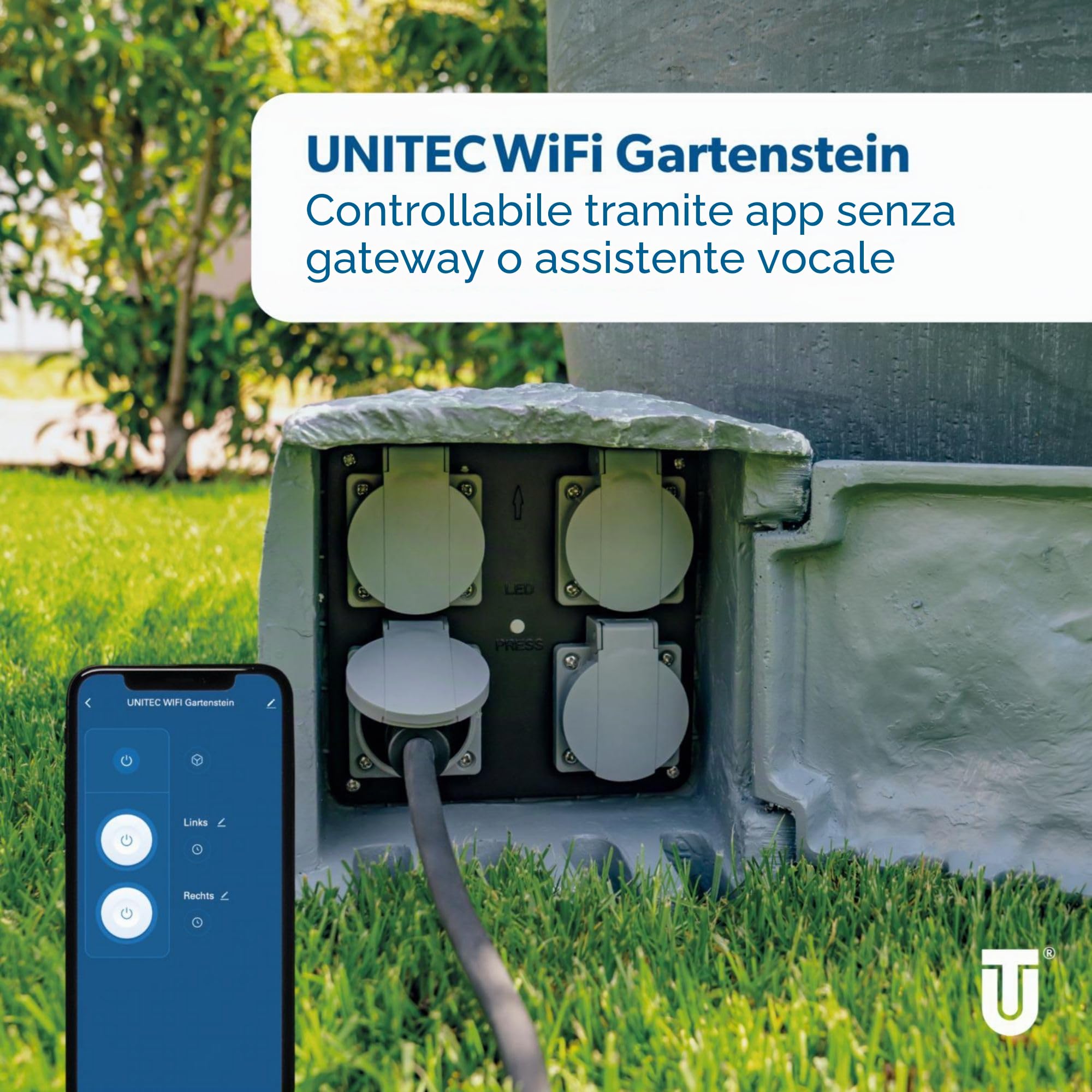 UNITEC Distributore di prese WiFi per giardino effetto pietra, presa da giardino, presa esterna, IP 44, 4 prese, cubi