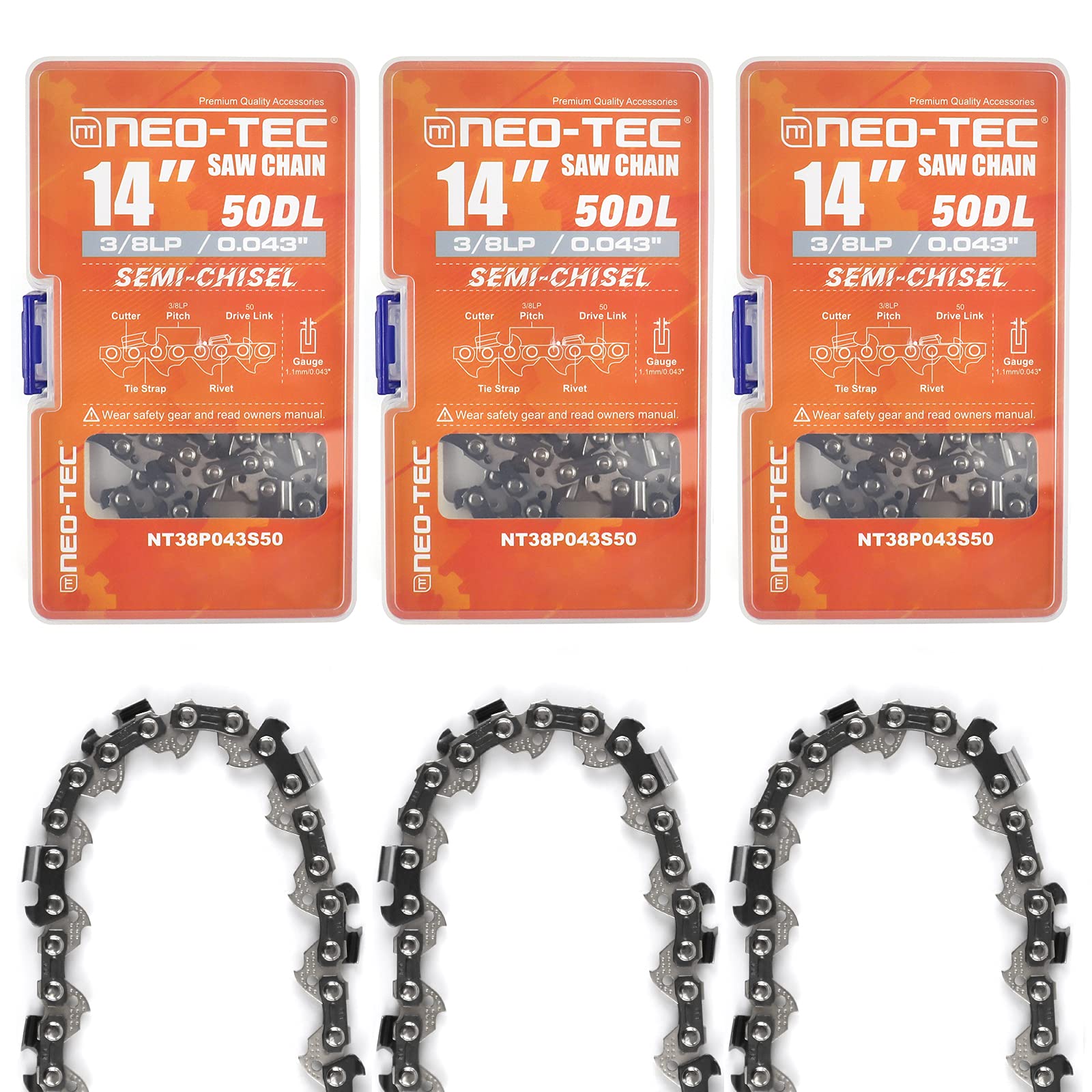 NEO-TEC 3 Packs 14 Inch Chainsaw Chain Semi Chisel 3/8LP Pitch 0.043'' Gauge 50 Drive Links Fit for Oregon R50 S50 Blades Craftsman Poulan Remington Greenwork Husqvarna Ryobi Worx Stihl Dewalt Kobalt