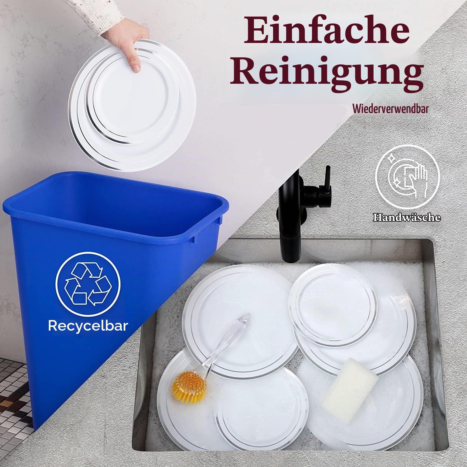 LATERN 60 Stück Mehrweg Silbernes Plastikgeschirr, 30 Stück 26cm Große Speiseteller + 30 Stück 19cm Salatteller, Wiederverwendbare Plastikteller für 30 Gäste Hochzeitstag Garden Dessert Party