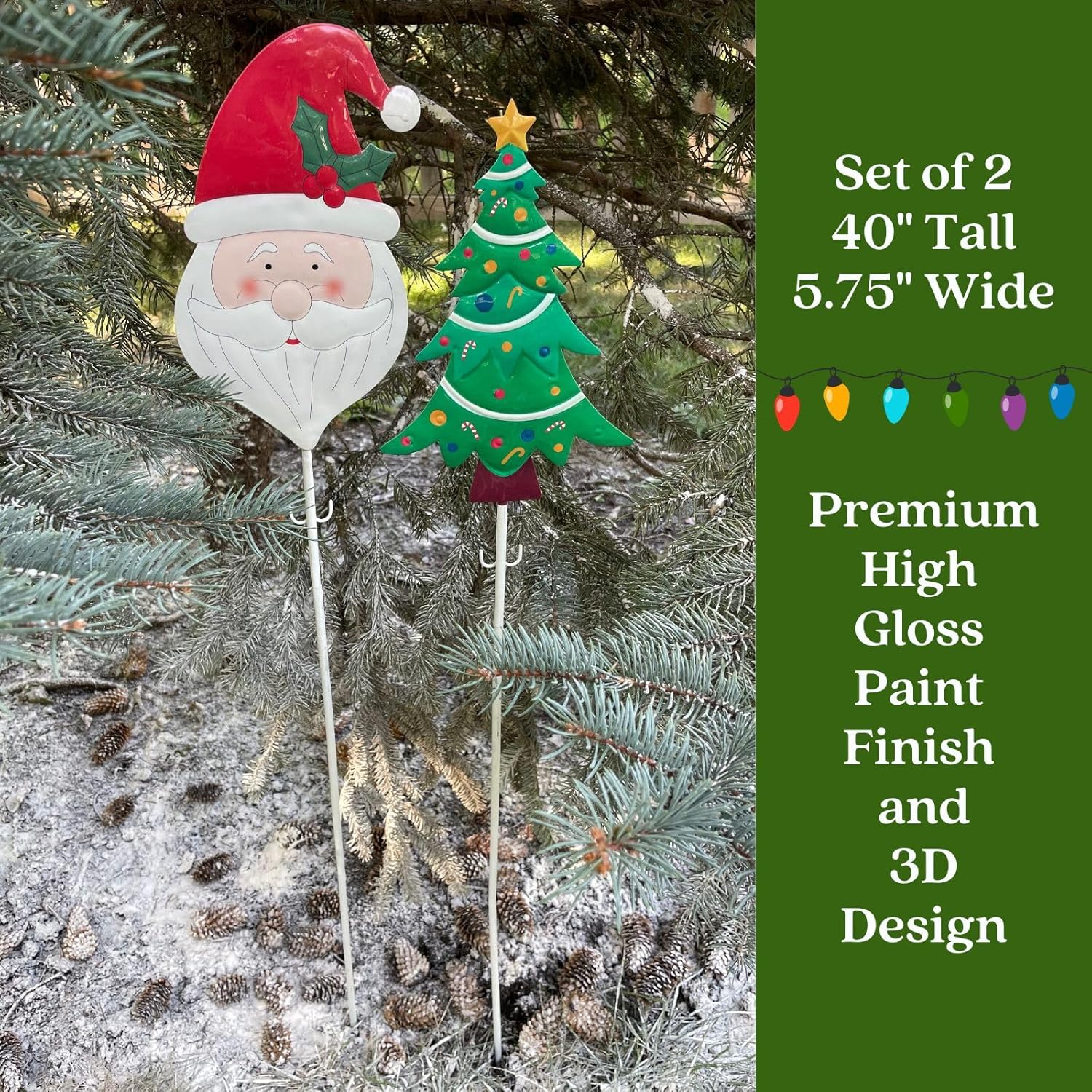 Clovers Garden Metal Christmas Tree and Santa Yard Stakes (Set of 2) and Light Stringers (Set of 2) for Outdoor, Indoor, Lawns, Walkways, Planters or Wall Decor