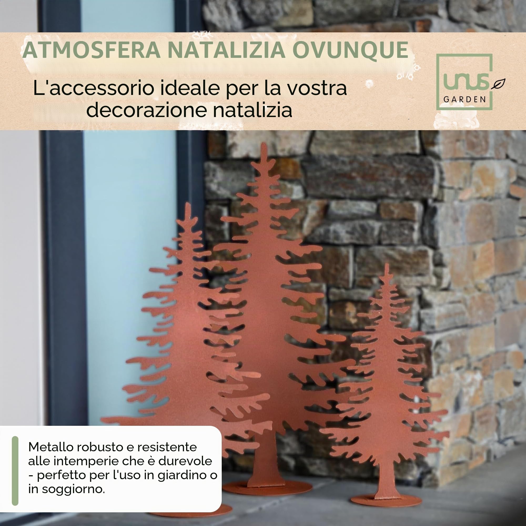 UNUS - Set di 3 decorazioni in metallo a forma di albero di Natale arrugginito, per interni ed esterni, dimensioni: piccolo, medio e grande