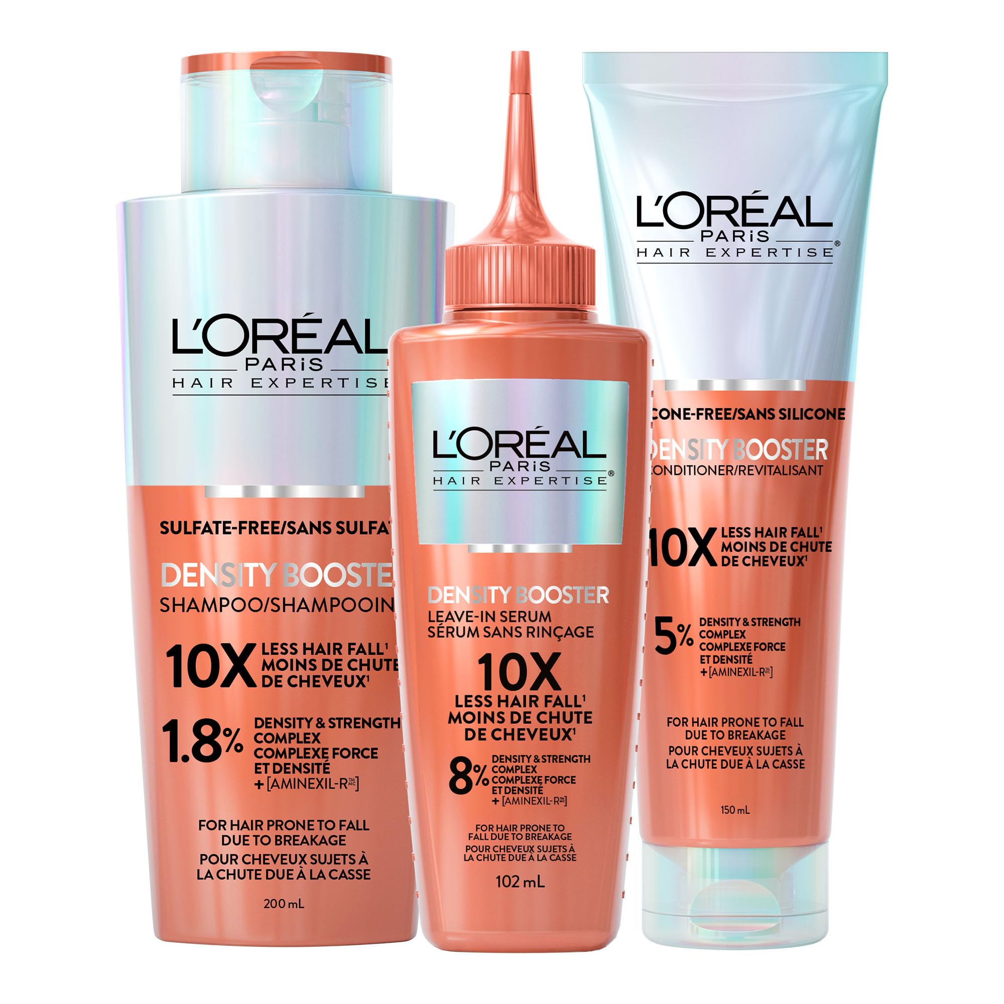 L'Oréal Paris Hair Expertise Density Booster Trio Set with Hair Serum, Aminexil-R for Fall Due to Breakage, Strengthening Formula, (3x Pieces, Shampoo, Conditioner, Serum)