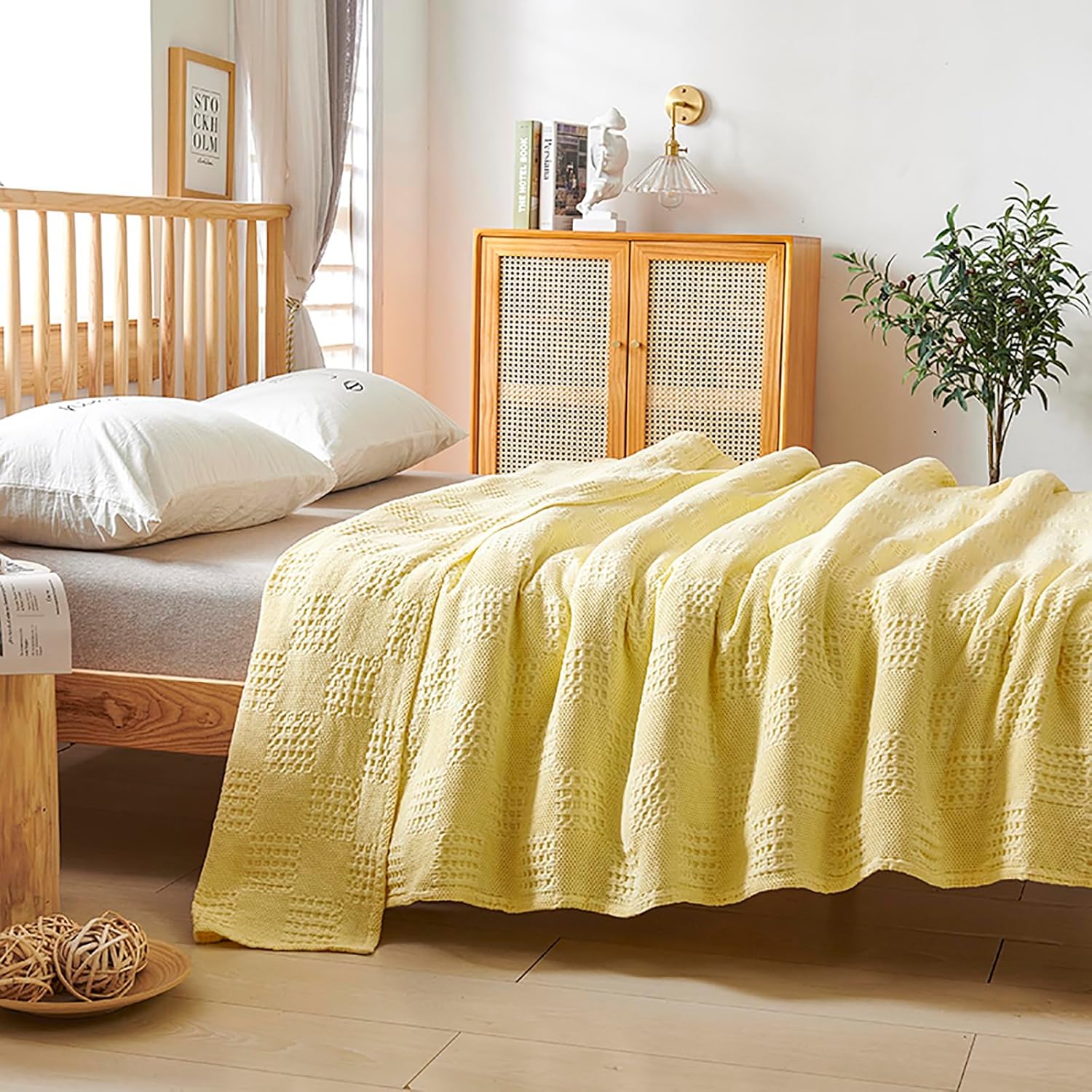 LGYKUMEG 100% Cotton Knitted Throw Blanket,Lightweight Washed Cotton Blanket - Cotton Breathable All-Season ​Knit Throw Blankets for Bed and Couch,Yellow,80x90 inch