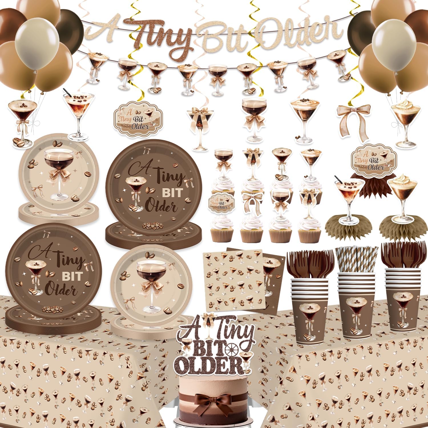 Xynic 355pcs A Tiny Bit Older Birthday Tableware Set, Serves 50 Guests, A Tiny Bit Older Birthday Decorations includes Banner, Paper Plates, Cake Topper, Tablecloth, for Espresso Martini Theme Party