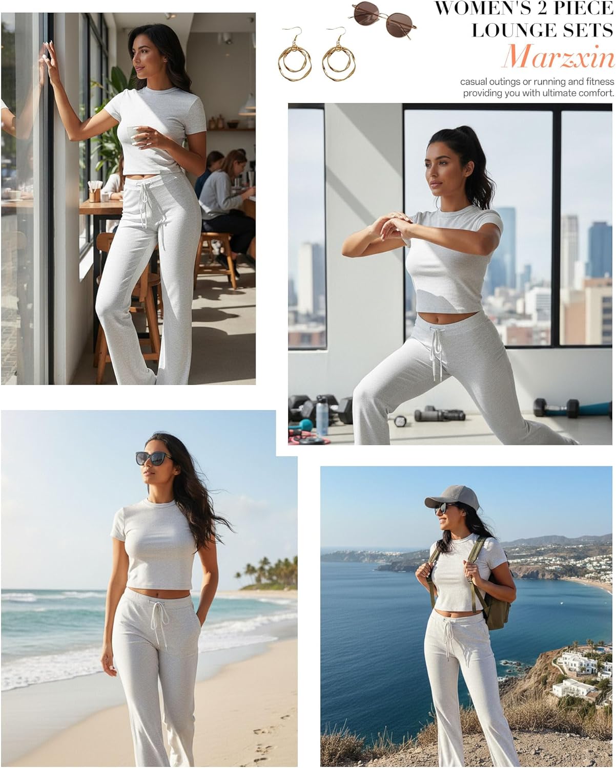 MARZXIN Women's 2 Piece Lounge Sets Straight Leg Pants Set Short Sleeve Crewneck Crop Tops and Long Pants Tracksuit Outfits - Image 2