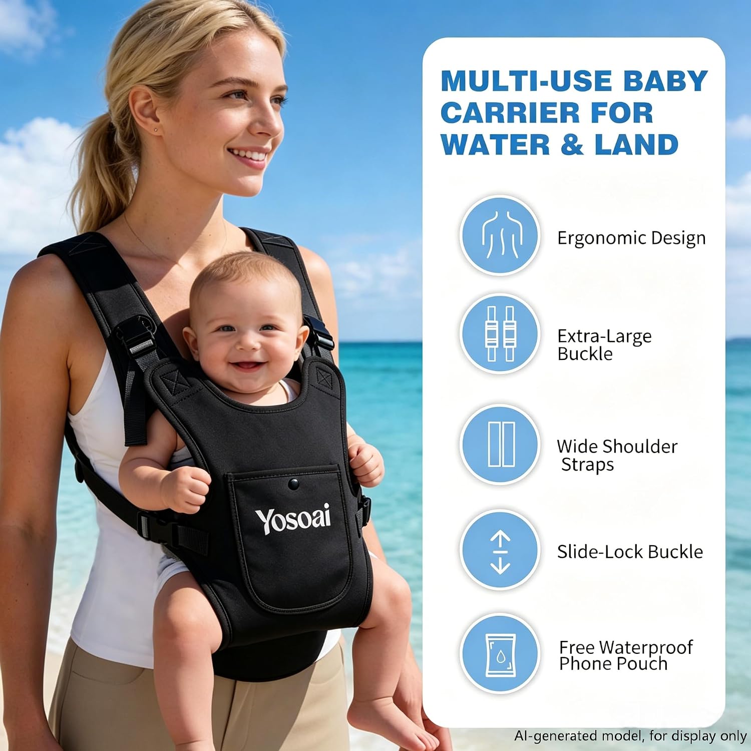 Premium Neoprene Baby Water Carrier, 50mm Wide Strap & 60mm Slide Lock Buckle, Ergonomic X+H Back Support, Quick Dry Land & Water Baby Carrier with Waterproof Pouch for Pool Beach Daily Outdoor