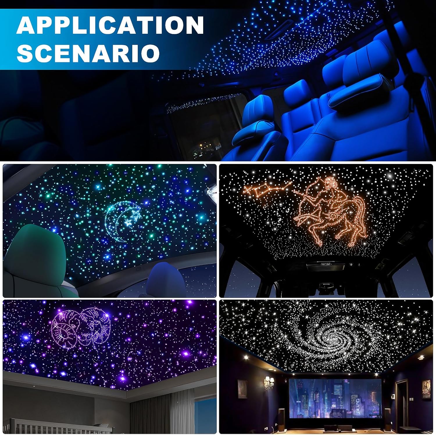 4 Colors 32W Twinkle Car Starlight Headliner Kit 800pcs*0.03in*13.1ft with APP&RF Remote, RGBW Fiber Optic Ceiling Star Lights, 4 Port Engine Sound Activated Star Roof Lights for Car Home Theater
