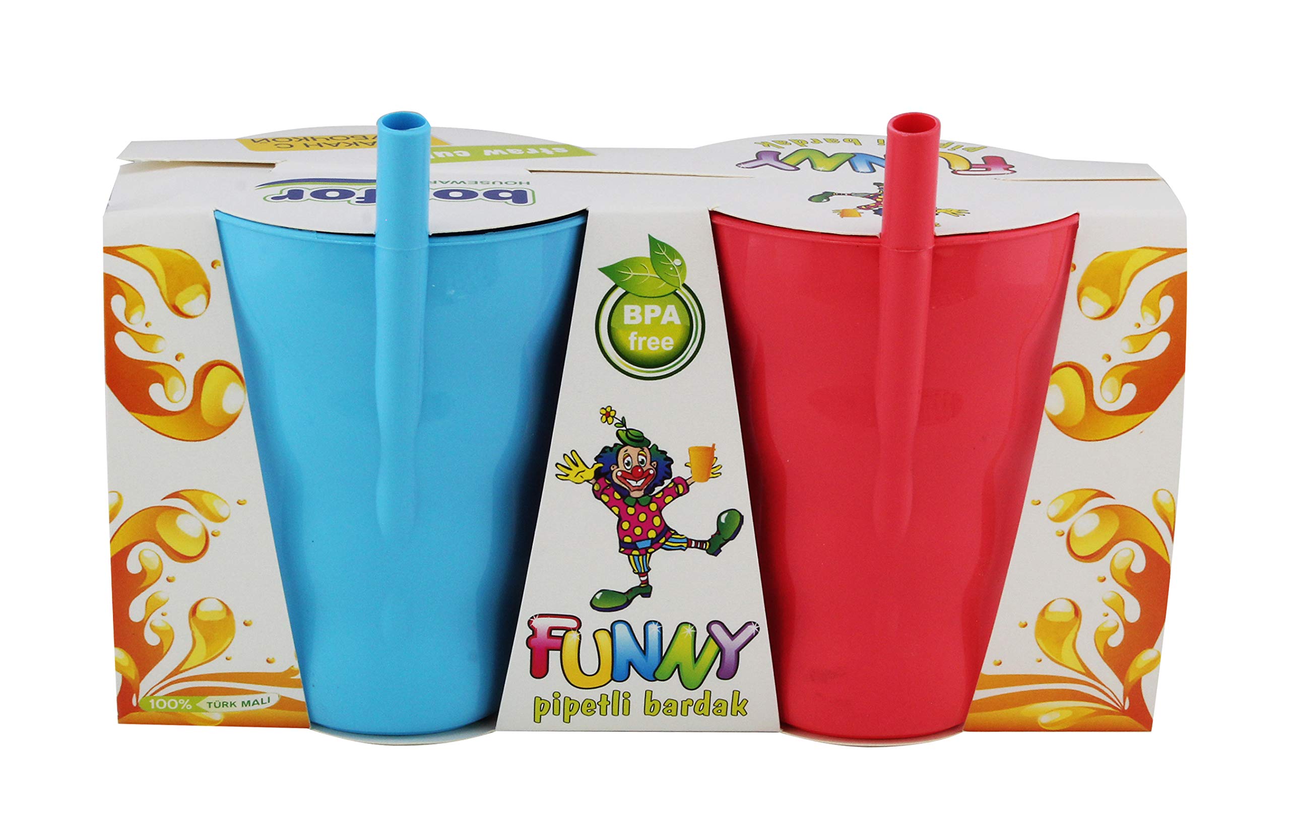 Q-LuxCup With Straw, Plastic Cup with Built in Straw for Kids, Pack of 2, blue/red
