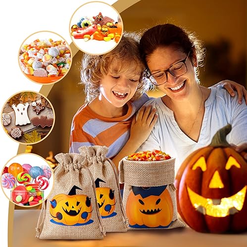 Miniatura 6 de WenTao Bolsas de regalo de arpillera de Halloween con cordones, 24 bolsas de dulces de Halloween con diferentes diseños