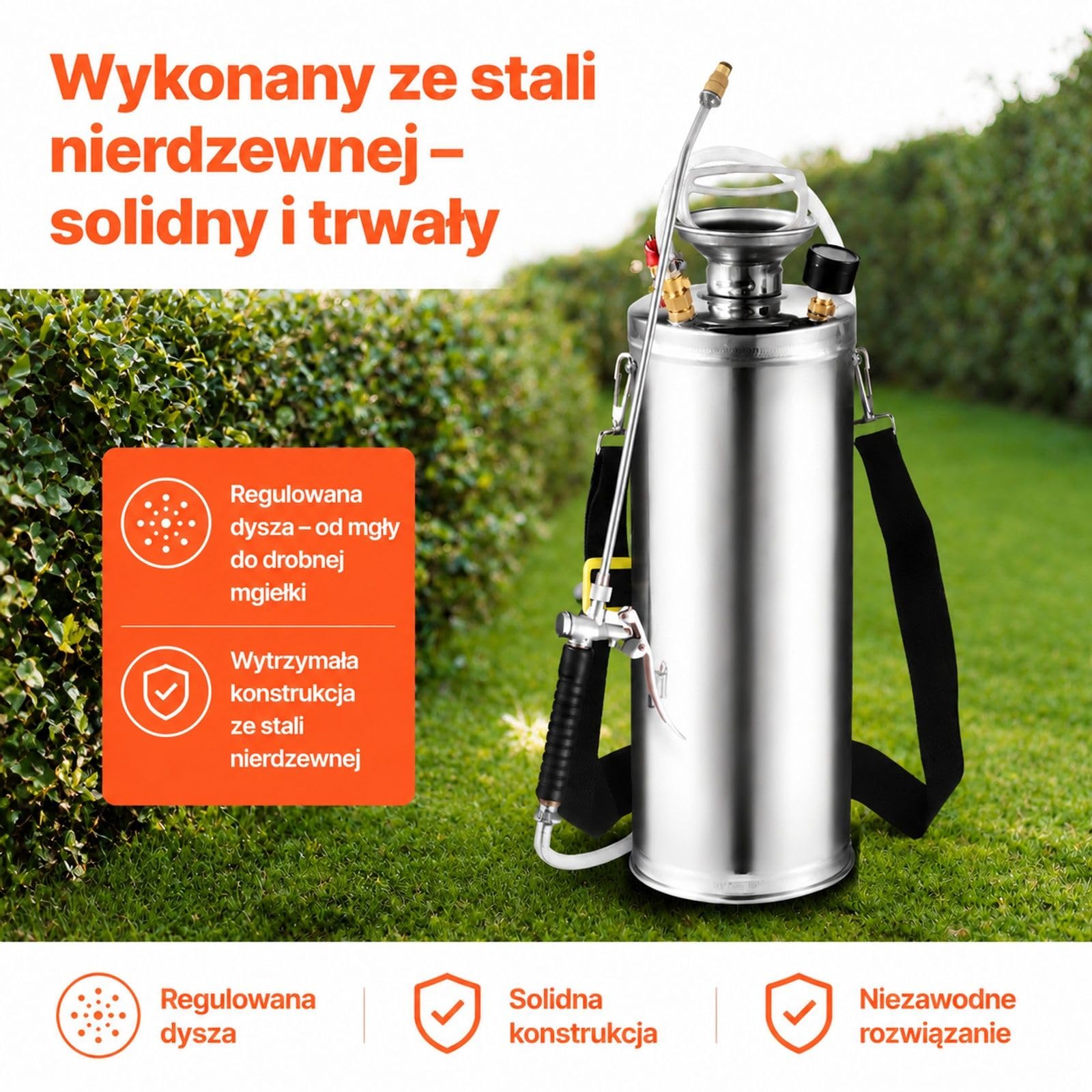 Opryskiwacz ciśnieniowy 10 L ze stali nierdzewnej z konstrukcją plecakową do ogrodu