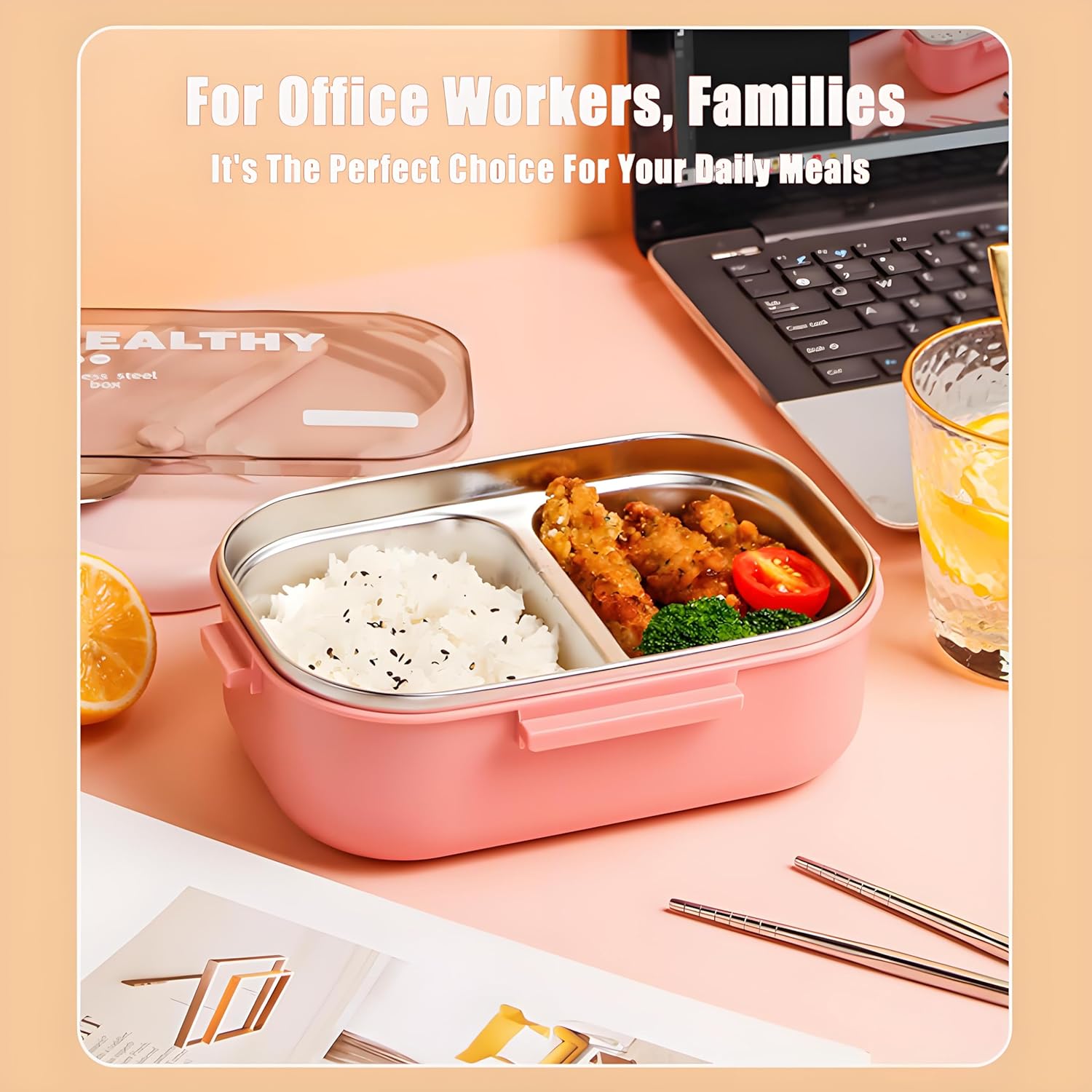 Stainless Steel Lunch Box, 2 Compartment Bento Box for Adults, Easy to Clean, Leak-Proof Design, Food Storage Container with Tableware for Family, Work, Picnics and Travel(850ml, Pink) - Image 7