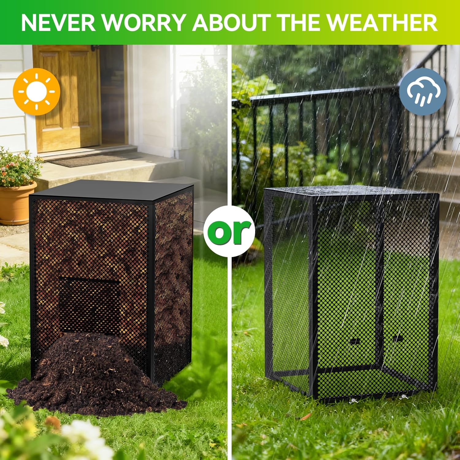 Compost Bin Outdoor with Lid - Large 93/130 Gal Composter 2-in-1 Design, Heavy-Duty Galvanized Steel Perforated Sheet with Rust-Proof Coating, Versatile Outdoor Fence, for Garden, Yard & Kitchen Waste