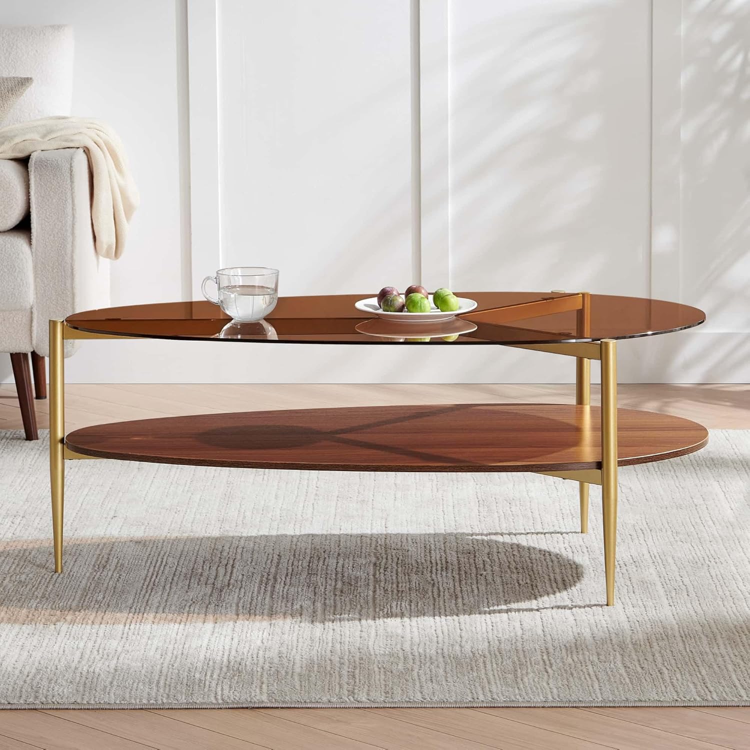 LumFurn Oval Glass Coffee Table, Mid-Century Modern Design, L43 x W21 x H17 inch, for Living Room, 2-Tier Structure, Amber Glass Top, Walnut Finish Wood Shelf & Gold Finish Frame
