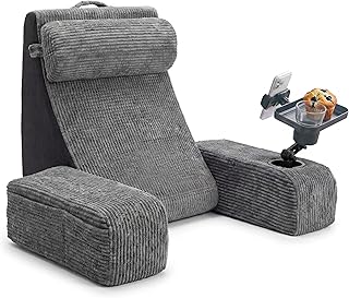 TabCouchCaddy Reading Pillow for Adults – 24” XL Memory Foam Backrest with Detachable Arms, Cup Holder, Phone Caddy & Adjustable Tray Mount | Back Pillow for Bed Sitting Up, Reading, TV & Recovery
