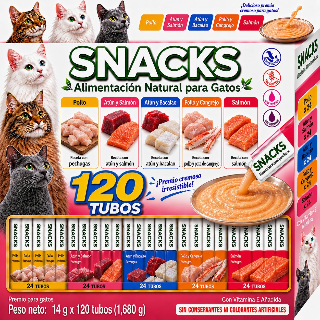 Snacks Gatos - Pack Variado Natural de Snacks Saludables 5 Recetas - Deliciosos Premios con Textura Suave y Cremosa - 1680gr (120x14gr)