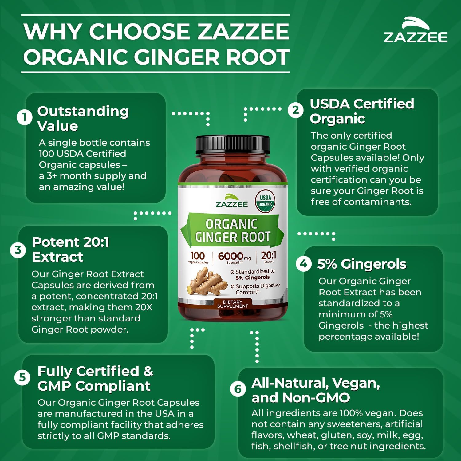 Zazzee USDA Organic Ginger Root 20:1 Extract, 5% Gingerols, 100 Vegan Capsules, 3+ Month Supply, Zingiber Officinale, Digestive & Stomach Support, All-Natural, Non-GMO, Made in the USA